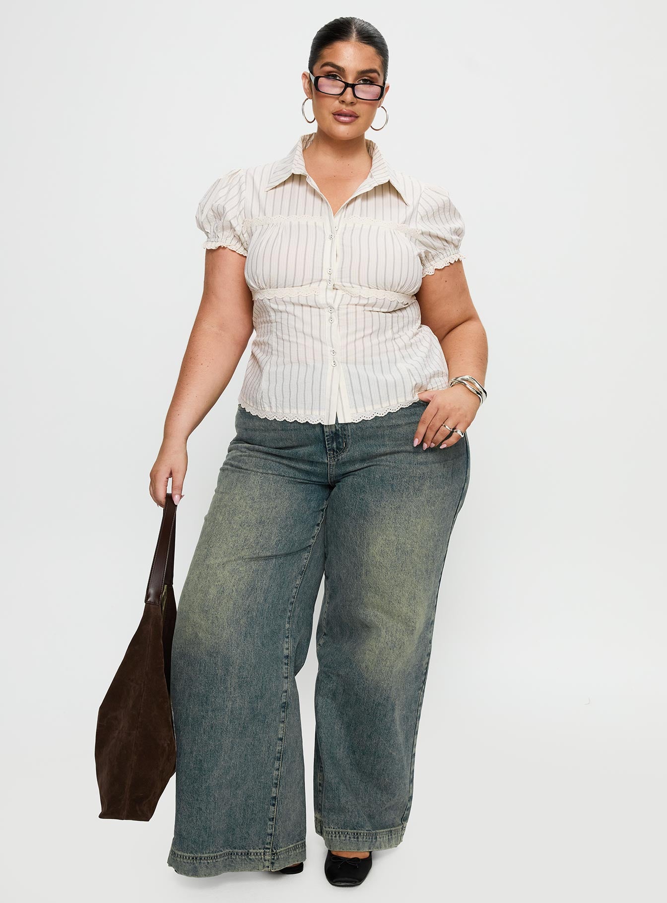 Deserve You Puff Sleeve Button Front Top Cream Stripe Curve - Image 3