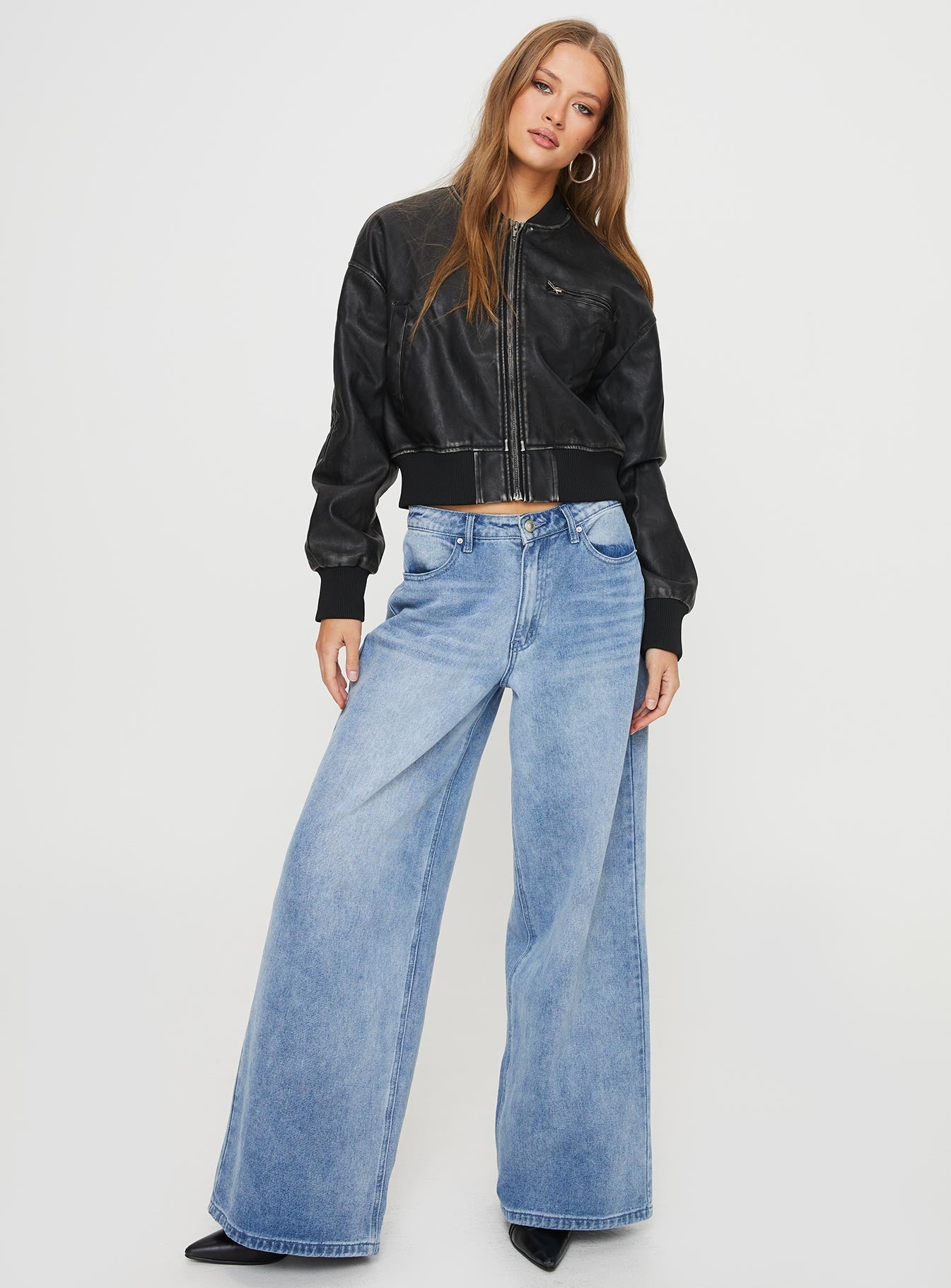Sweet Disaster Faux Leather Cropped Bomber Jacket Black - Image 3