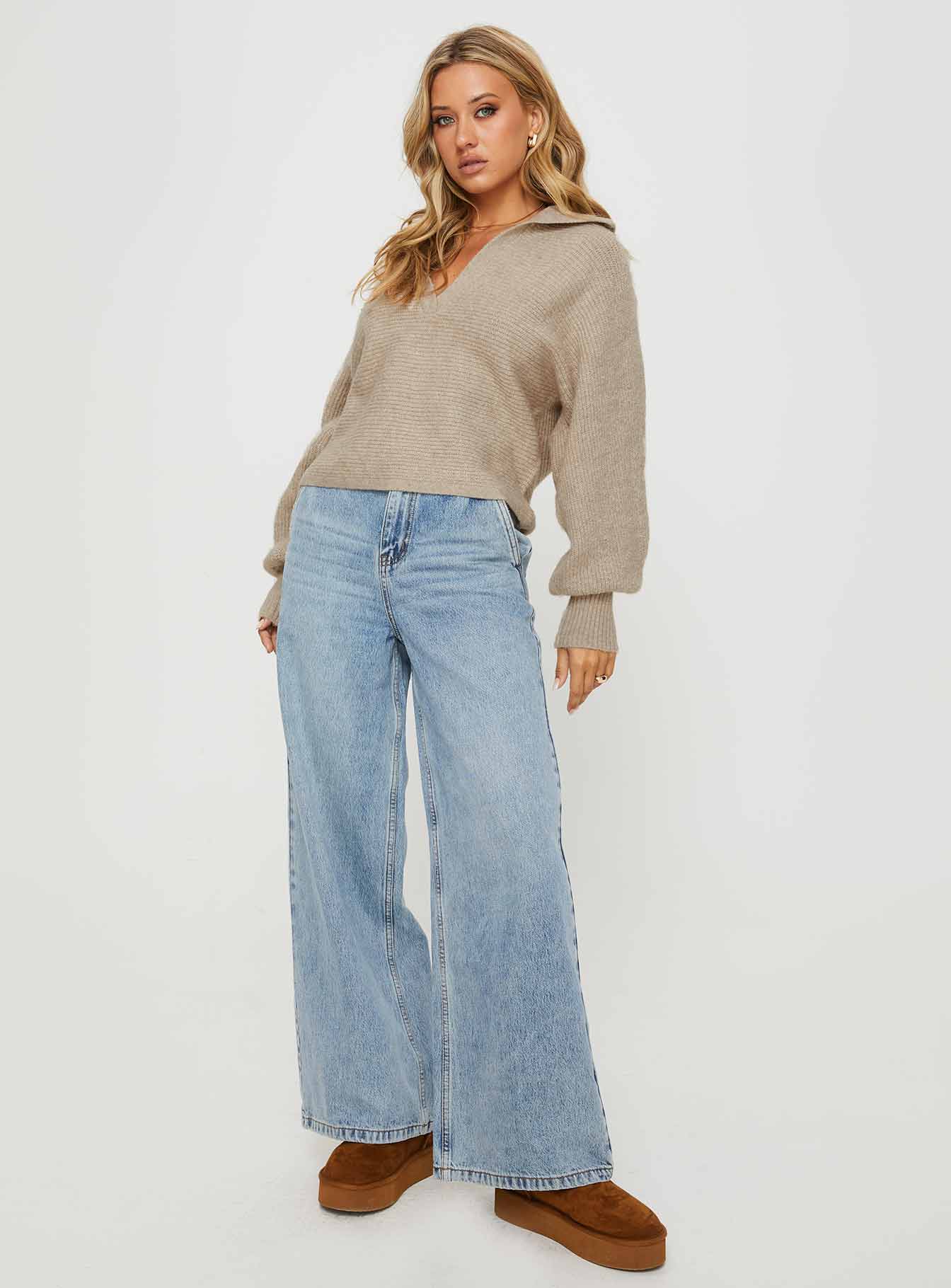 Bella Notched Neck Sweater Beige - Image 2