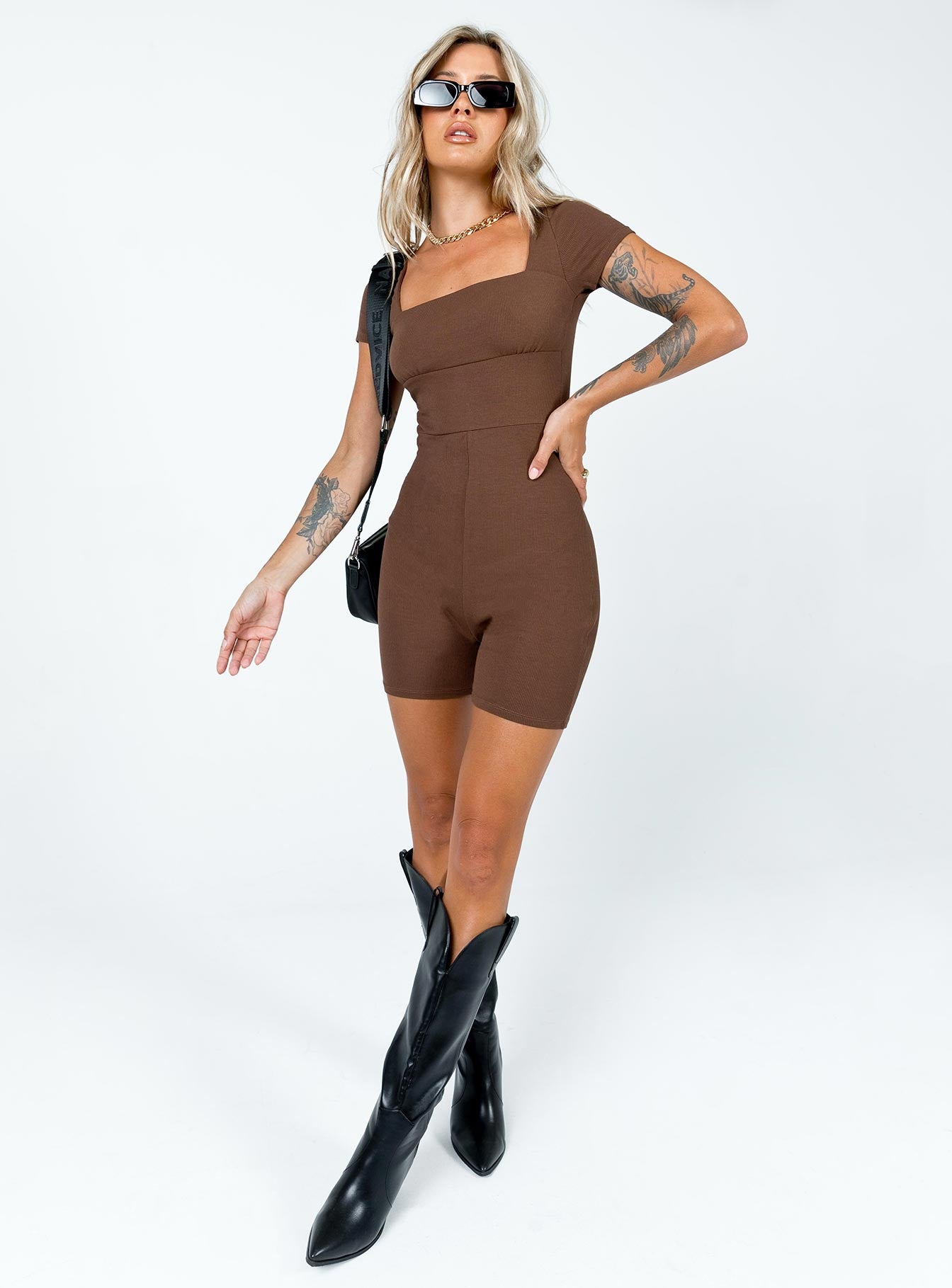 Sara Short Sleeve Romper Brown - Image 3