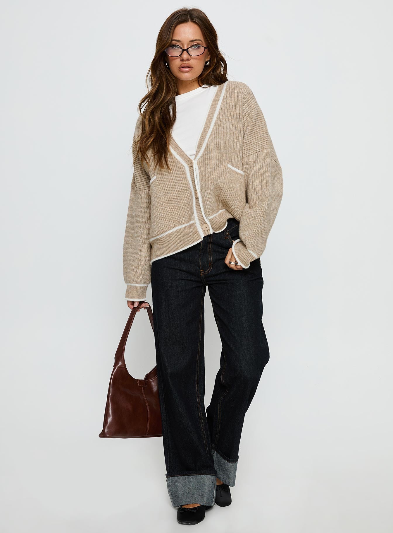 Cressara Contrast Knit Cardigan Beige / White - Image 3