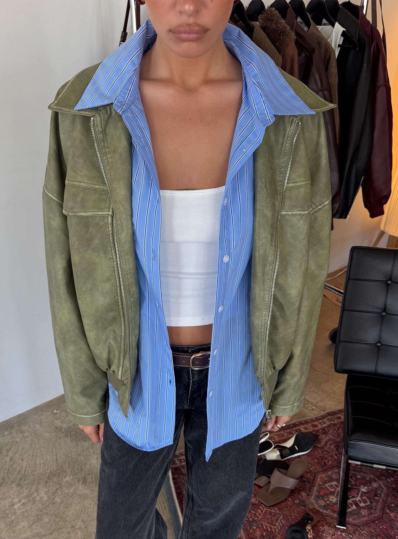 Tanza Faux Leather Jacket Washed Green - Image 6