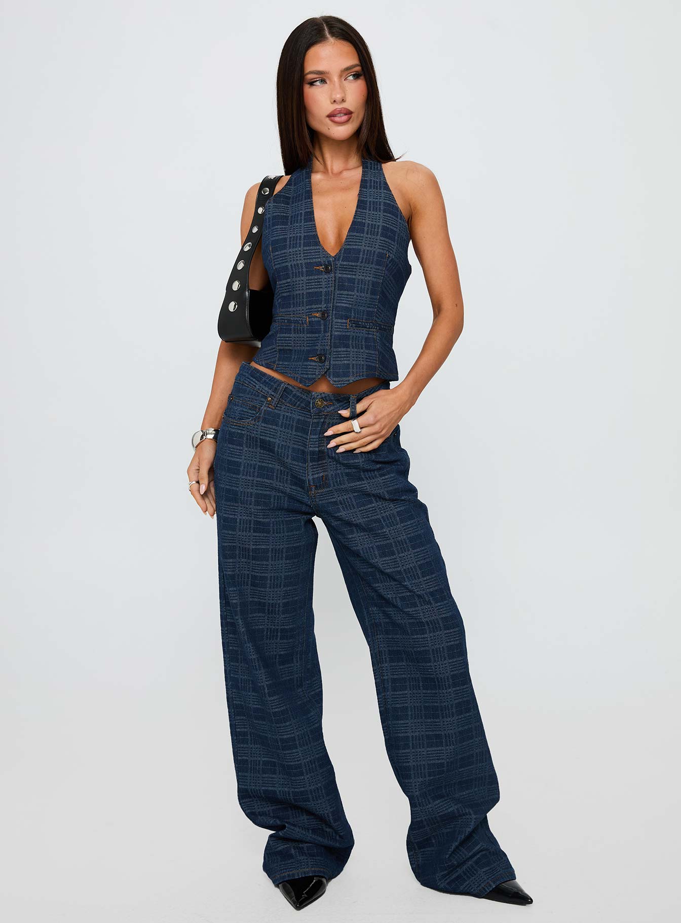 Top Model Low Rise Straight Leg Jeans Indigo Plaid - Image 3