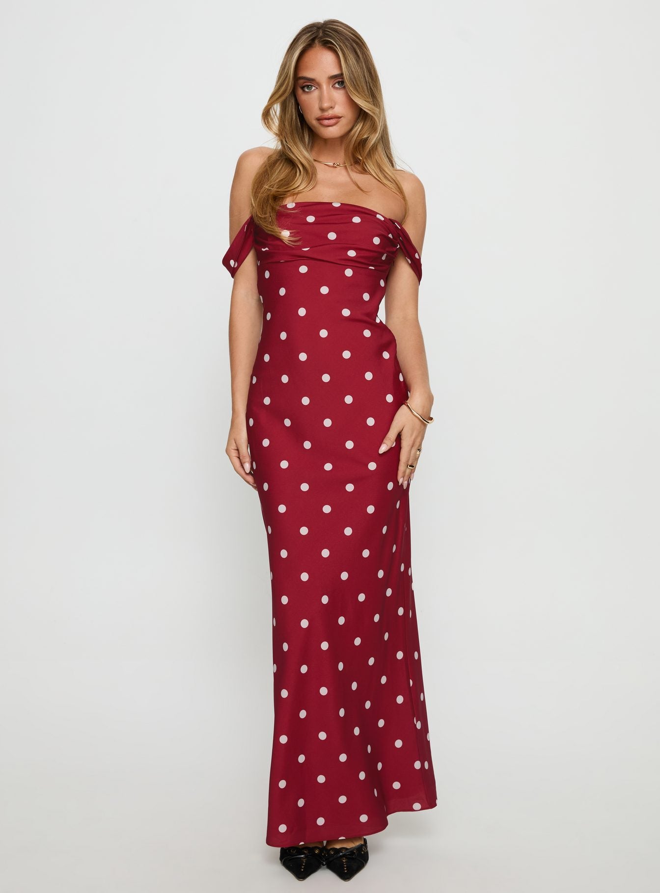 End Credits Off Shoulder Pleat Maxi Dress Red / Polka Dot - Image 2