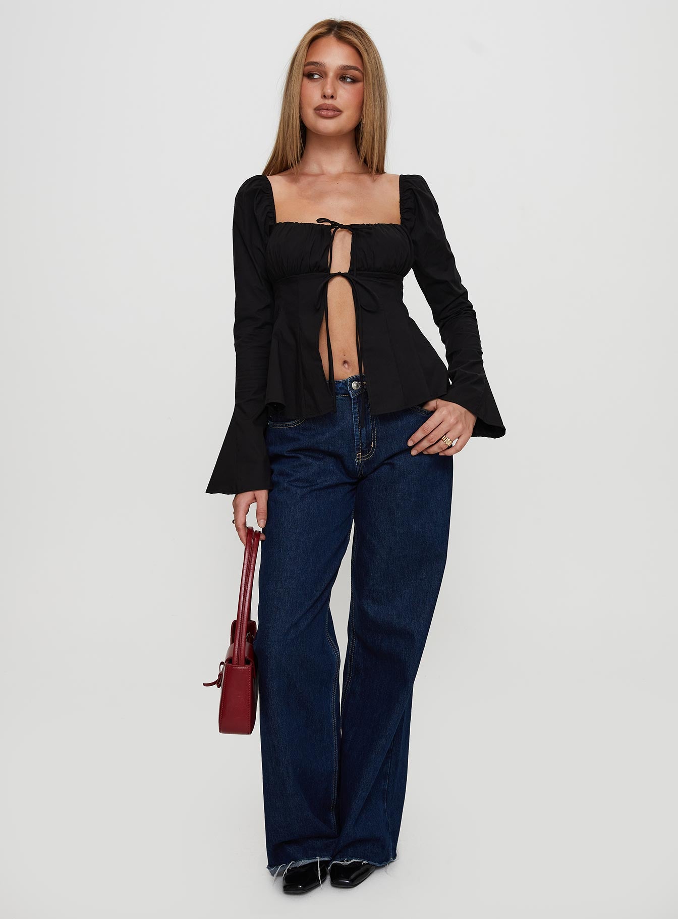 Lilibette Tie Up Long Sleeve Top Black - Image 3