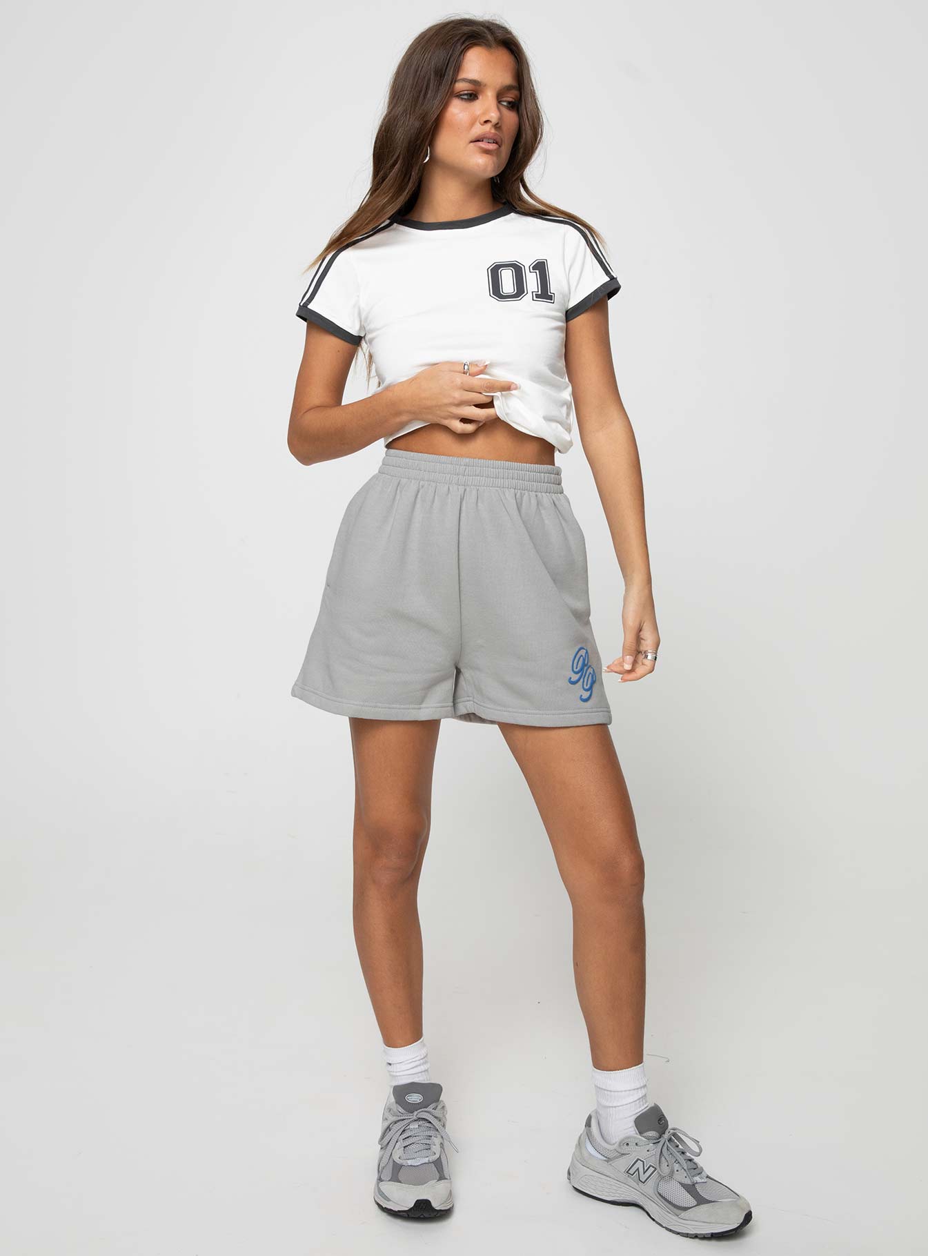 Princess Polly Track Shorts Cursive Text Grey / Blue - Image 3