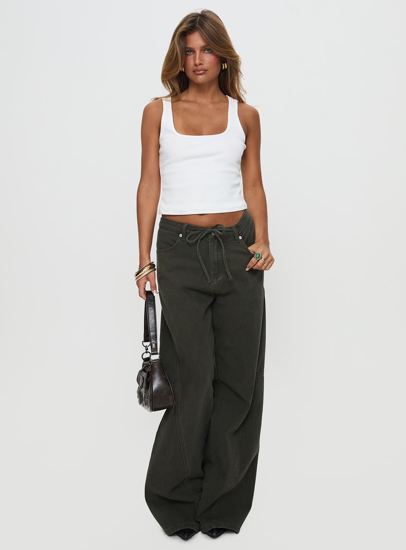 Bruiser Tie Waist Mid Rise Wide Leg Jeans Green - Image 3