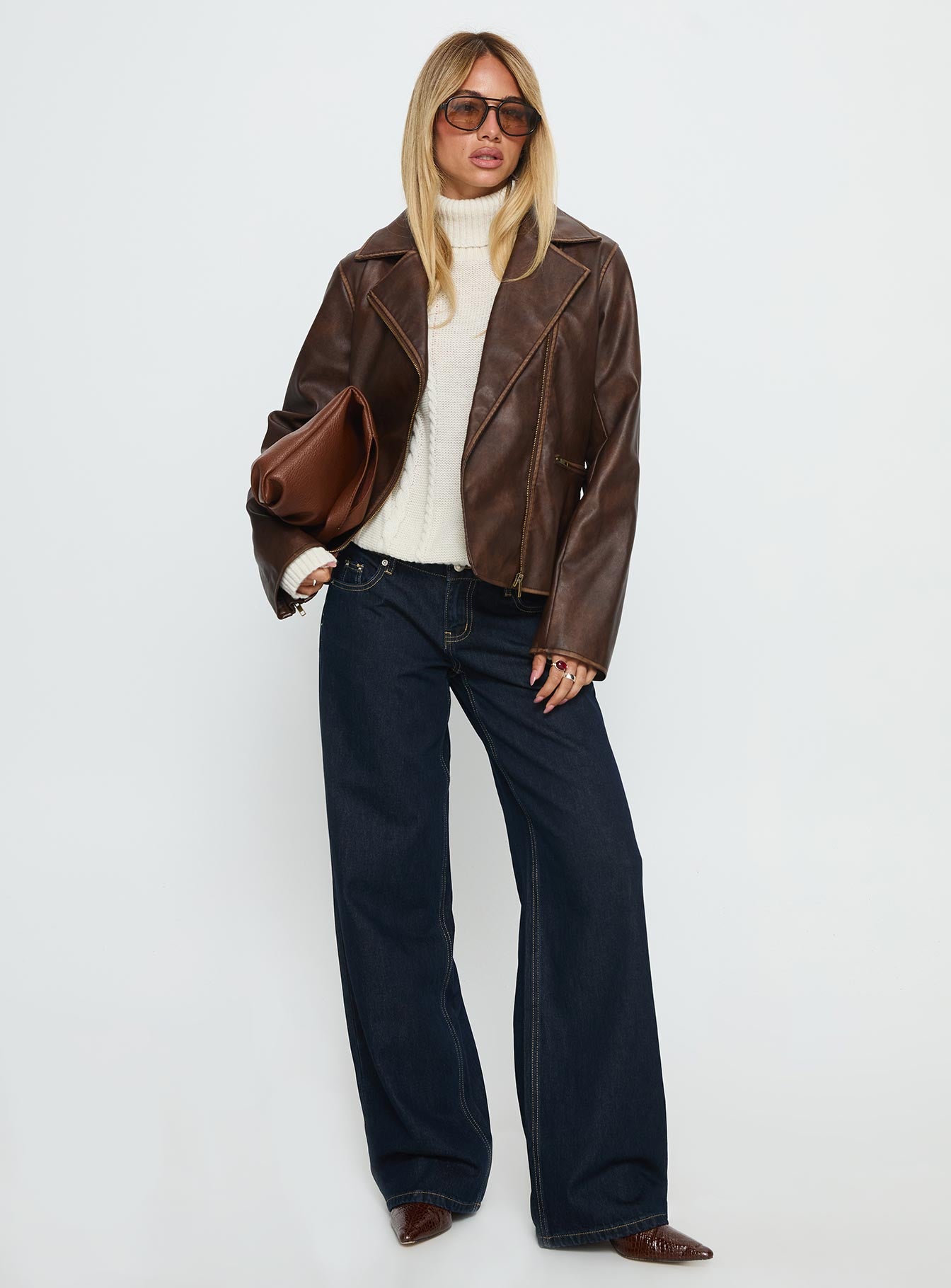 Vyolette Faux Leather Collared Jacket Washed Brown - Image 3