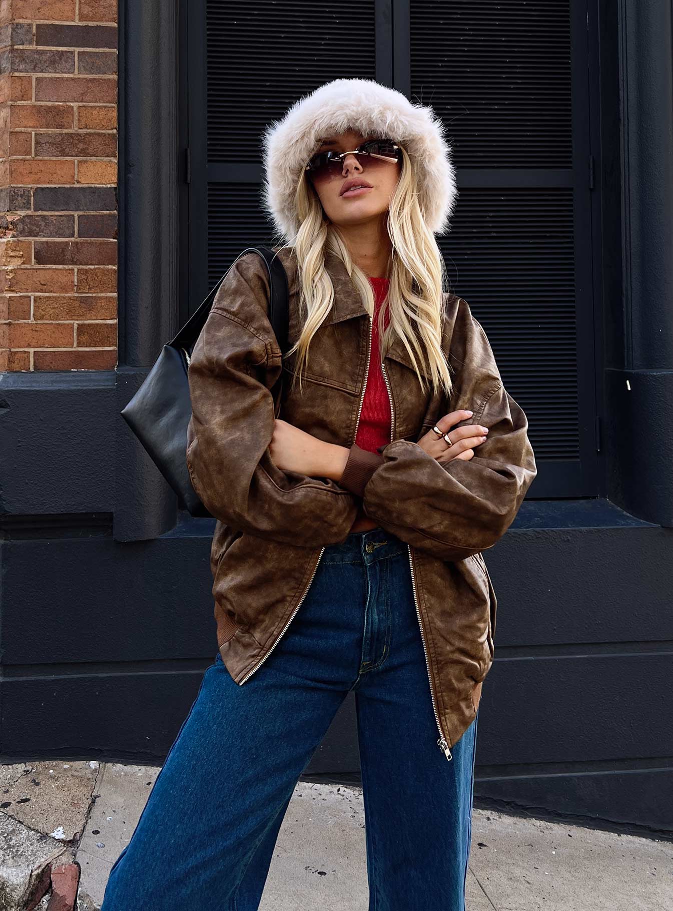 Goldsmith Faux Leather Bomber Jacket Washed Brown - Image 7