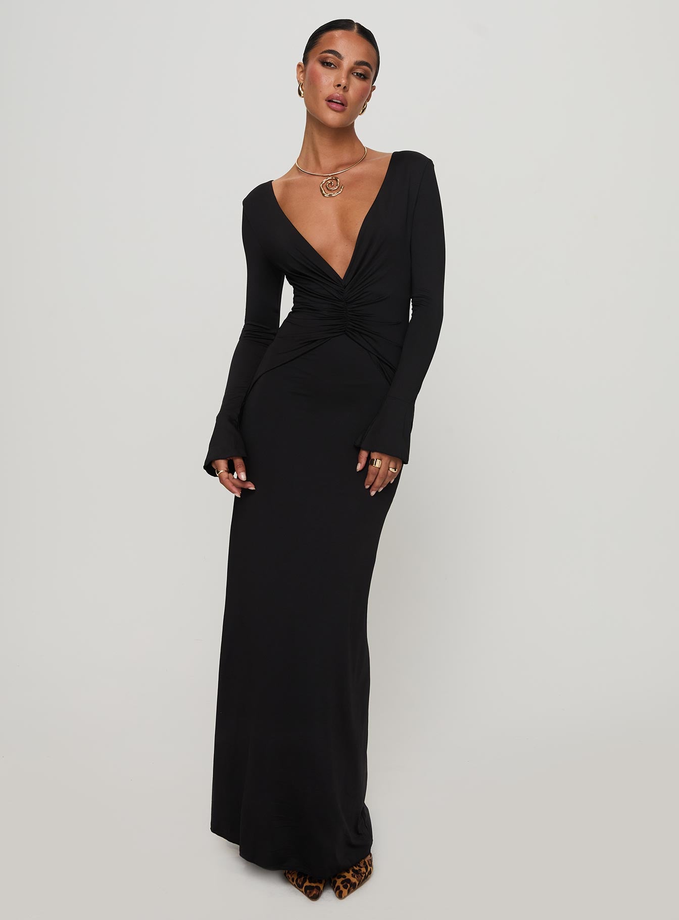 Lezure Plunge Long Sleeve Maxi Dress Black - Image 3
