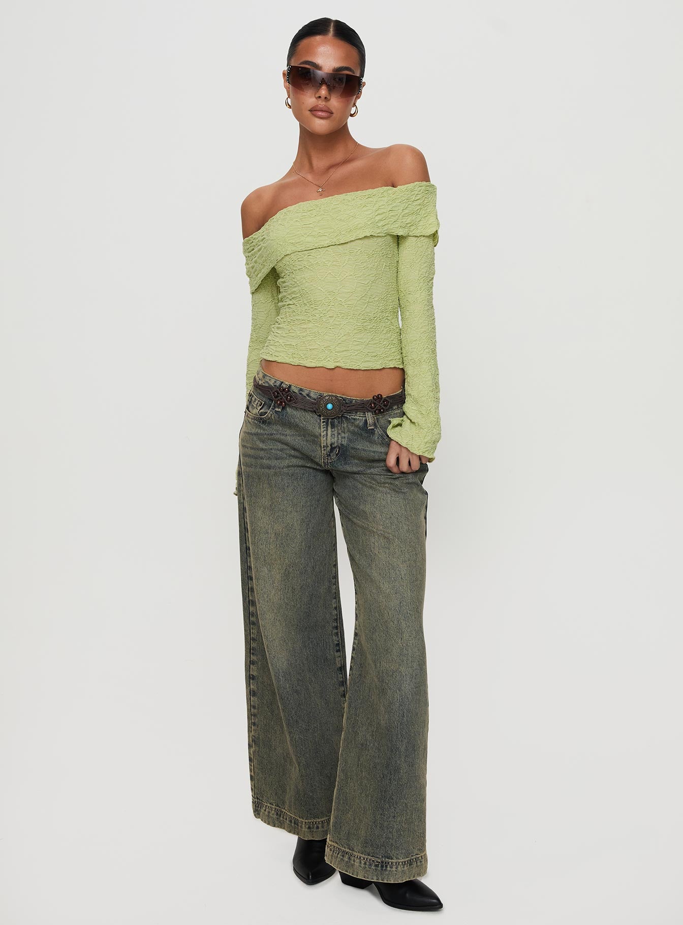 Back With Love Off Shoulder Long Sleeve Top Green - Image 3