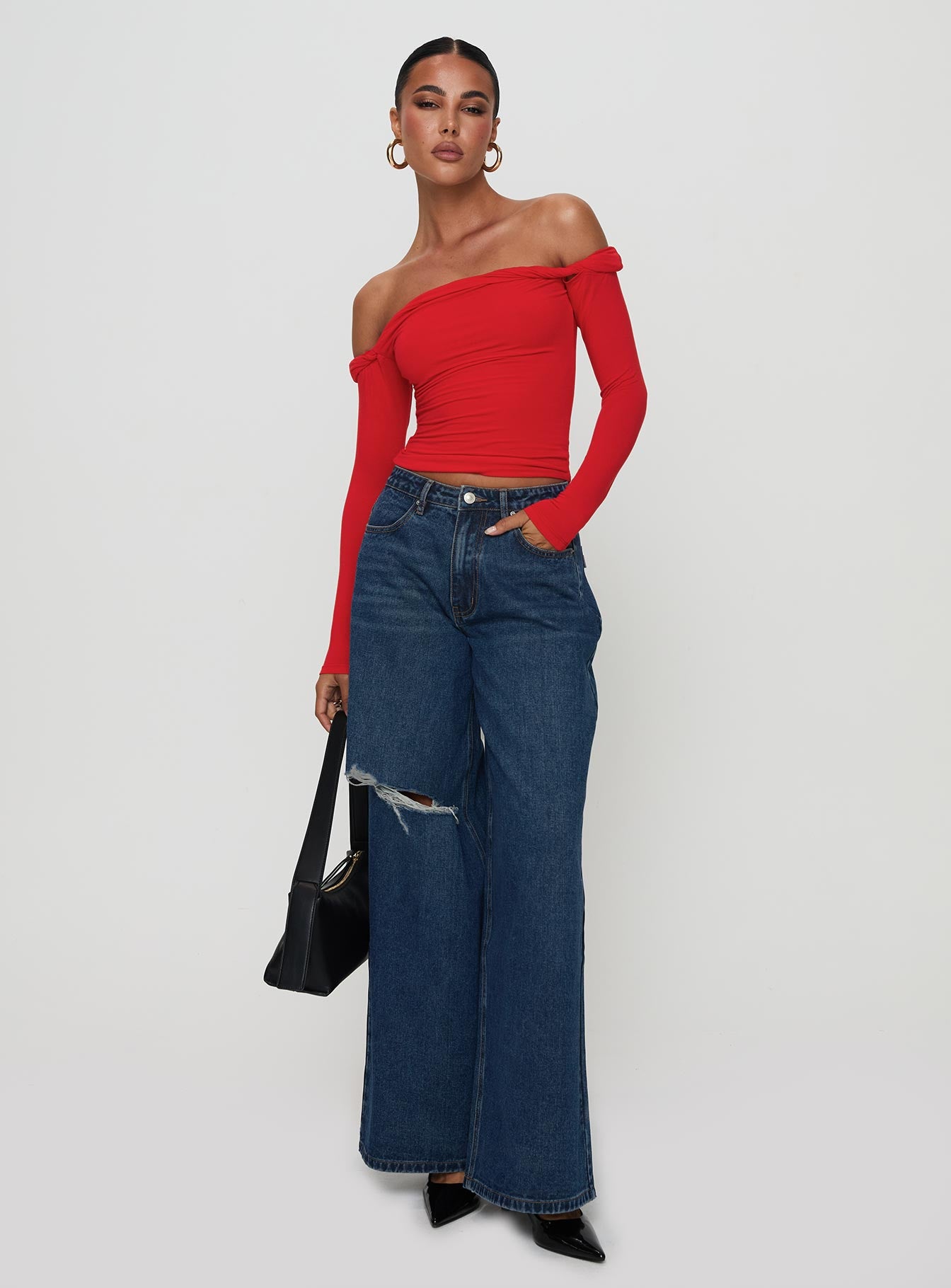 Naylor Rip Mid Rise Wide Leg Jeans Dark Blue Wash - Image 2