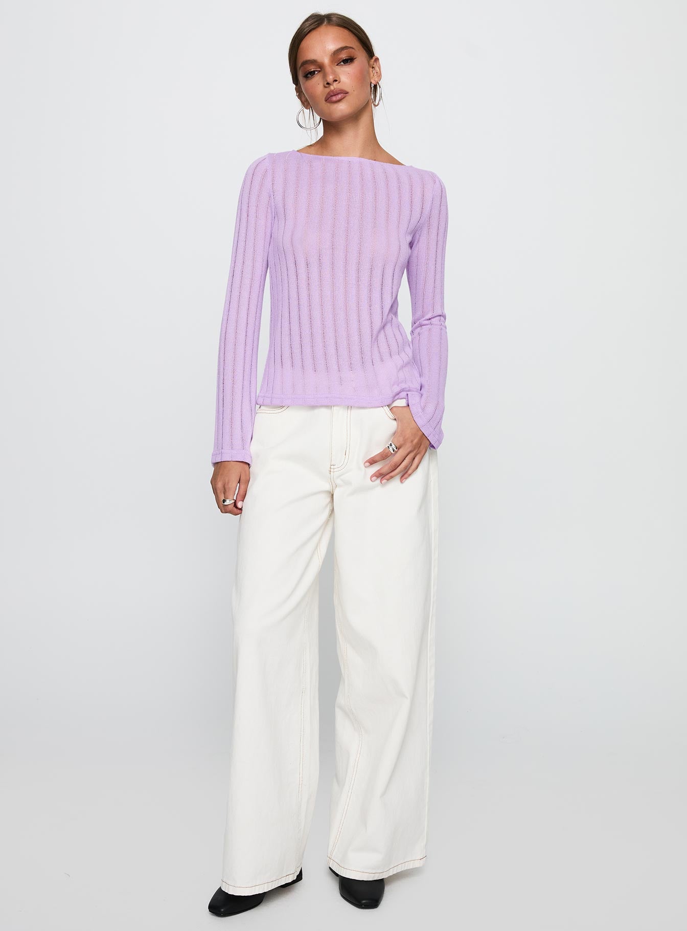 Tuppence Ribbed Long Sleeve Top Lilac - Image 2