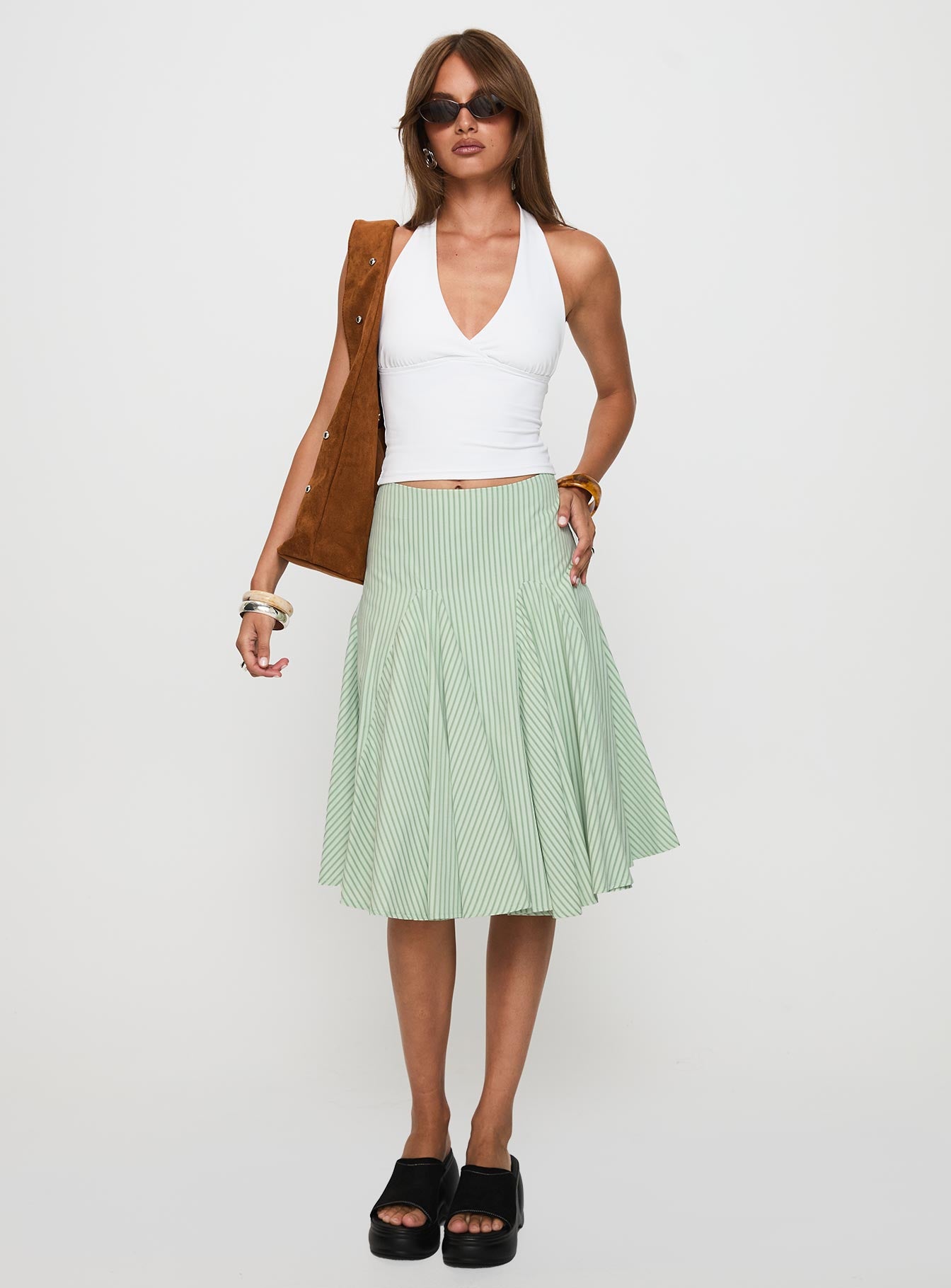 Evangaleine Pleat Midi Skirt Green / White - Image 3