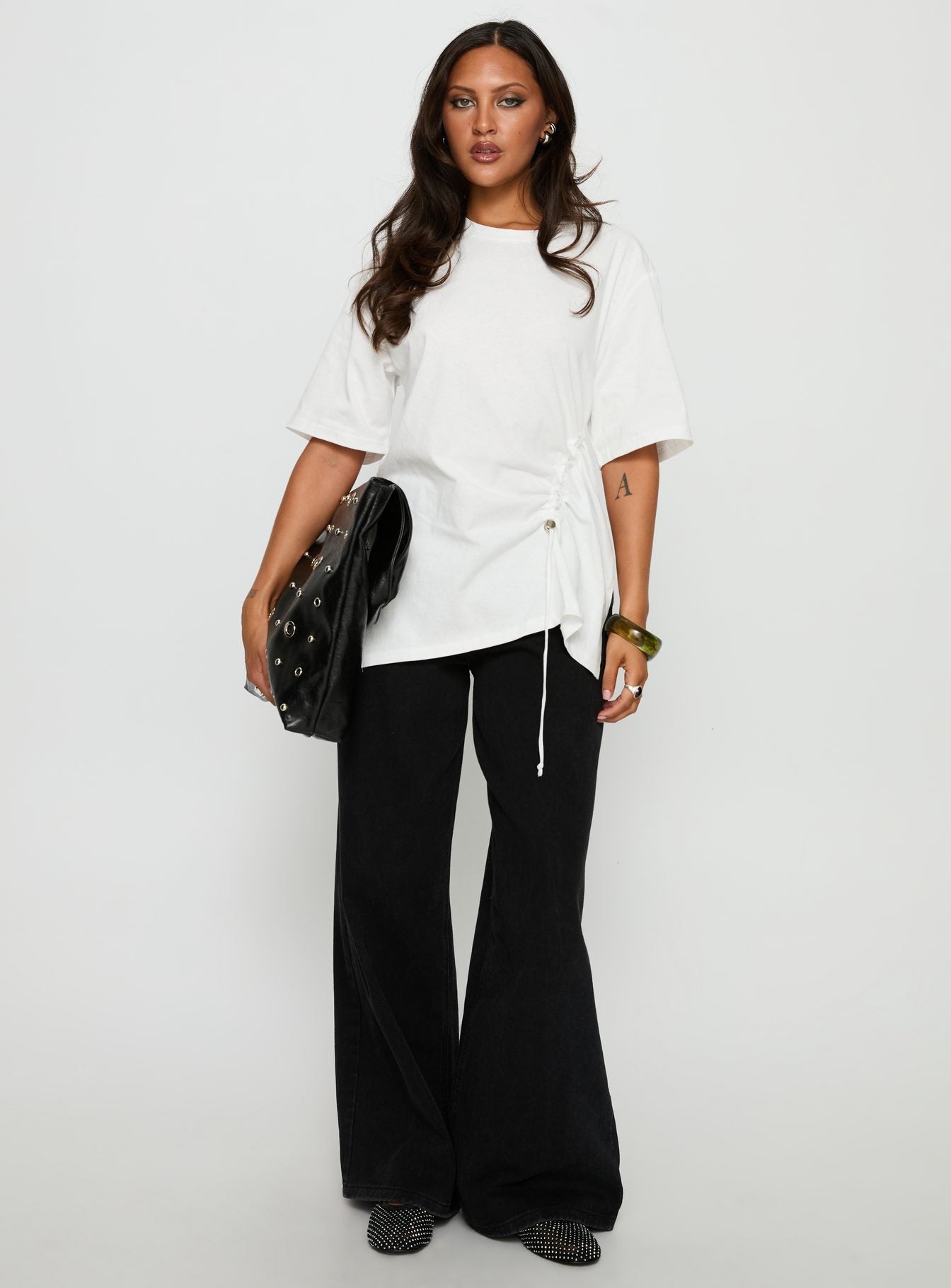 Agnessa Ruched Detail Oversized Tee White - Image 3