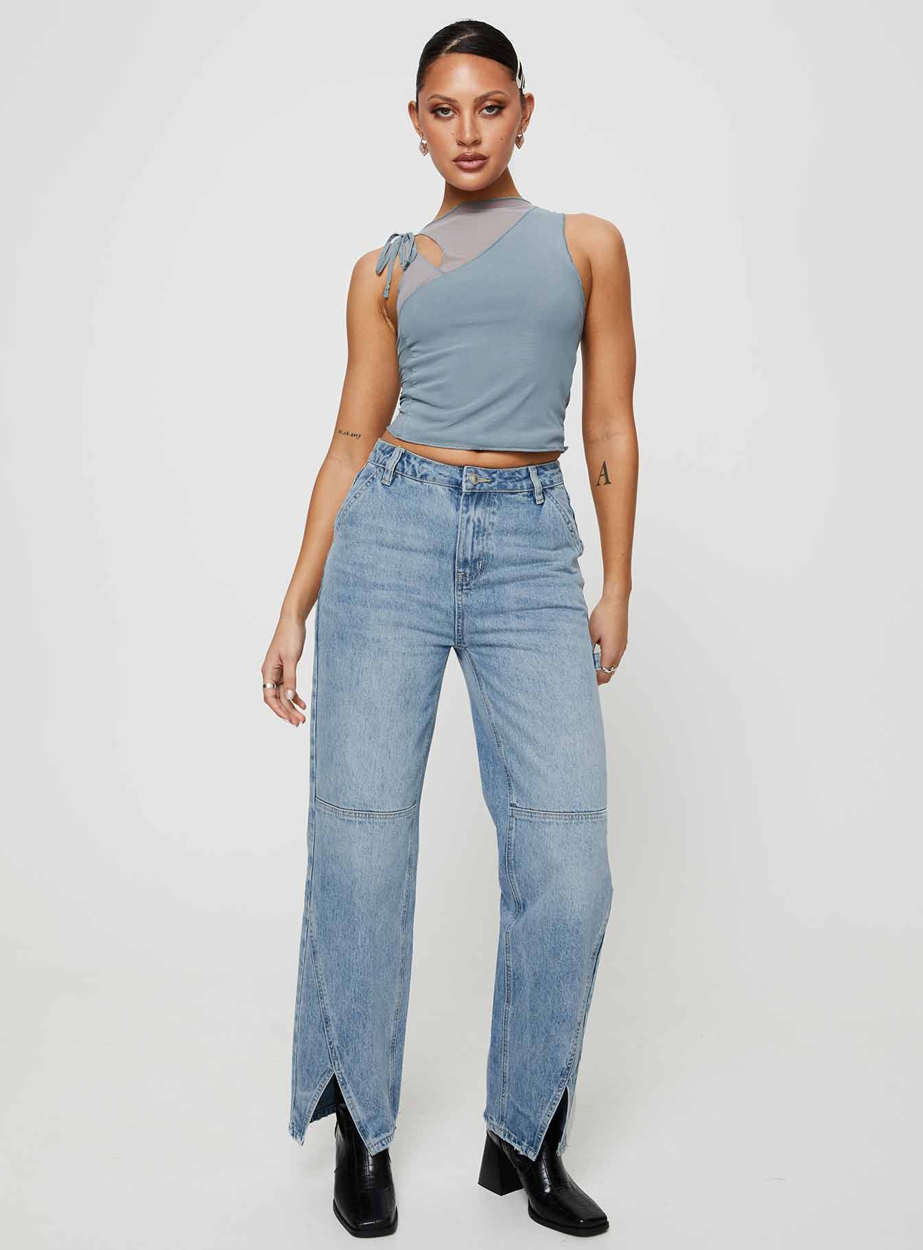 Rihanna Split Hem Jeans Mid Blue - Image 3