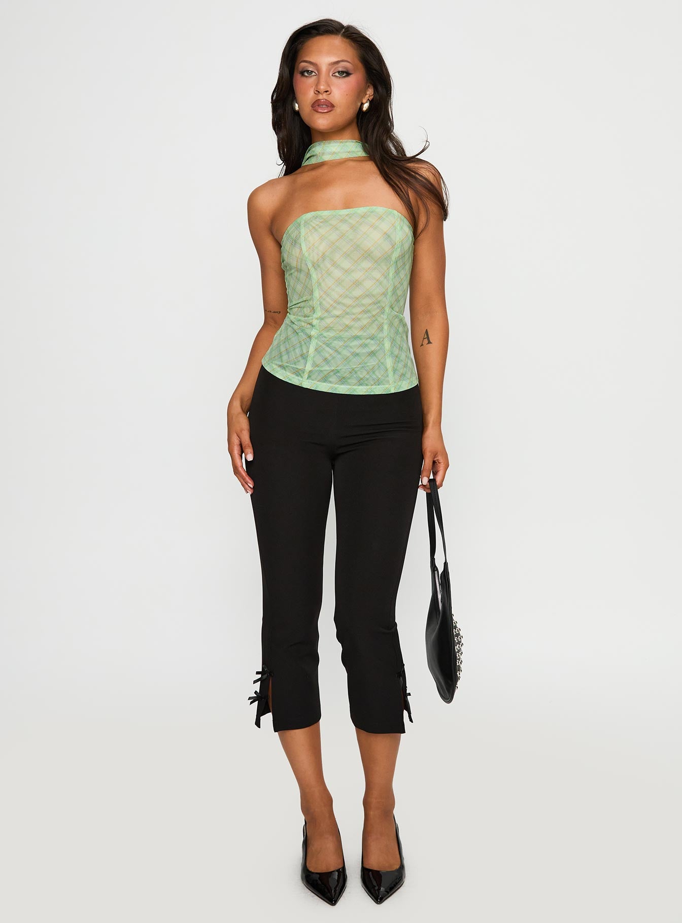 No Comparison Neck Tie Strapless Top Green Check - Image 3