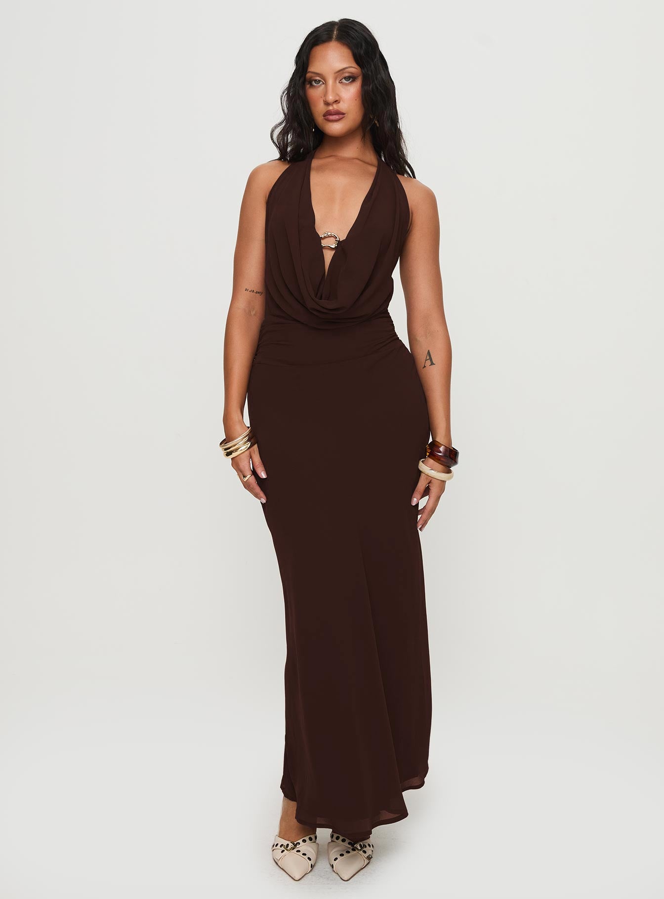 Alejandria Cowl Neck Maxi Dress Chocolate - Image 3