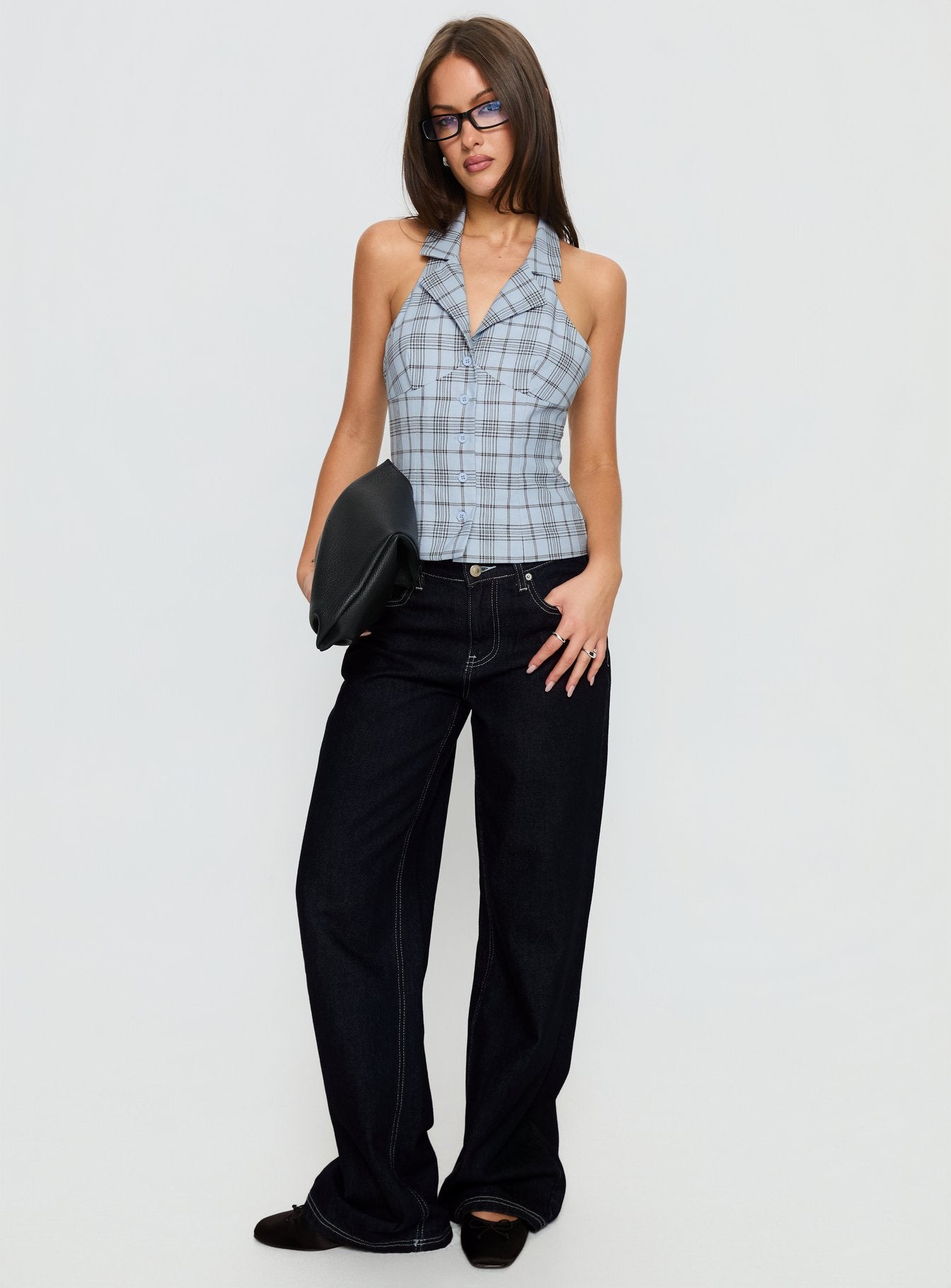 Lure Button Up Sleeveless Top Baby Blue Plaid - Image 3