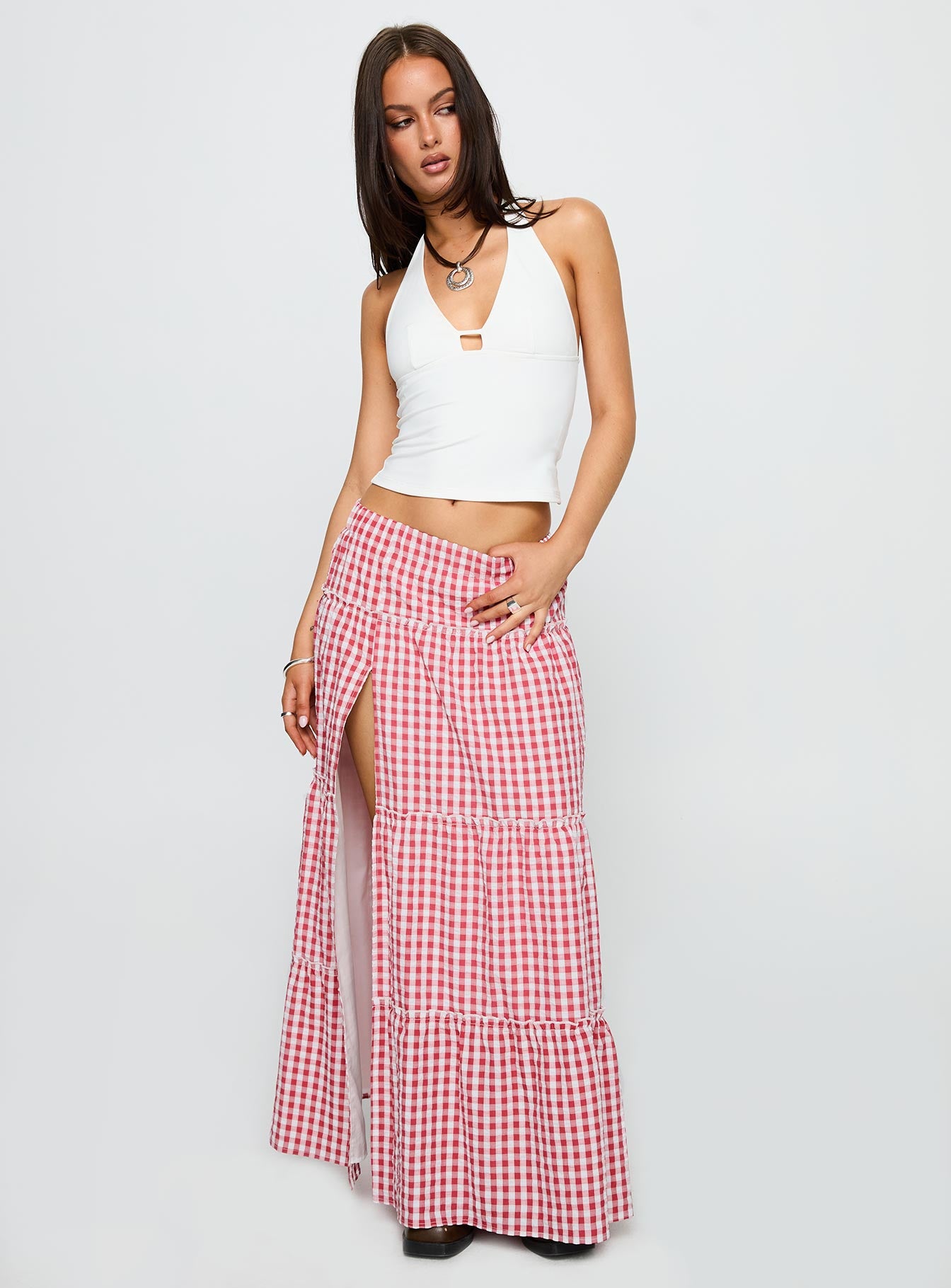 Ilaina Tiered Maxi Skirt Red Check - Image 2
