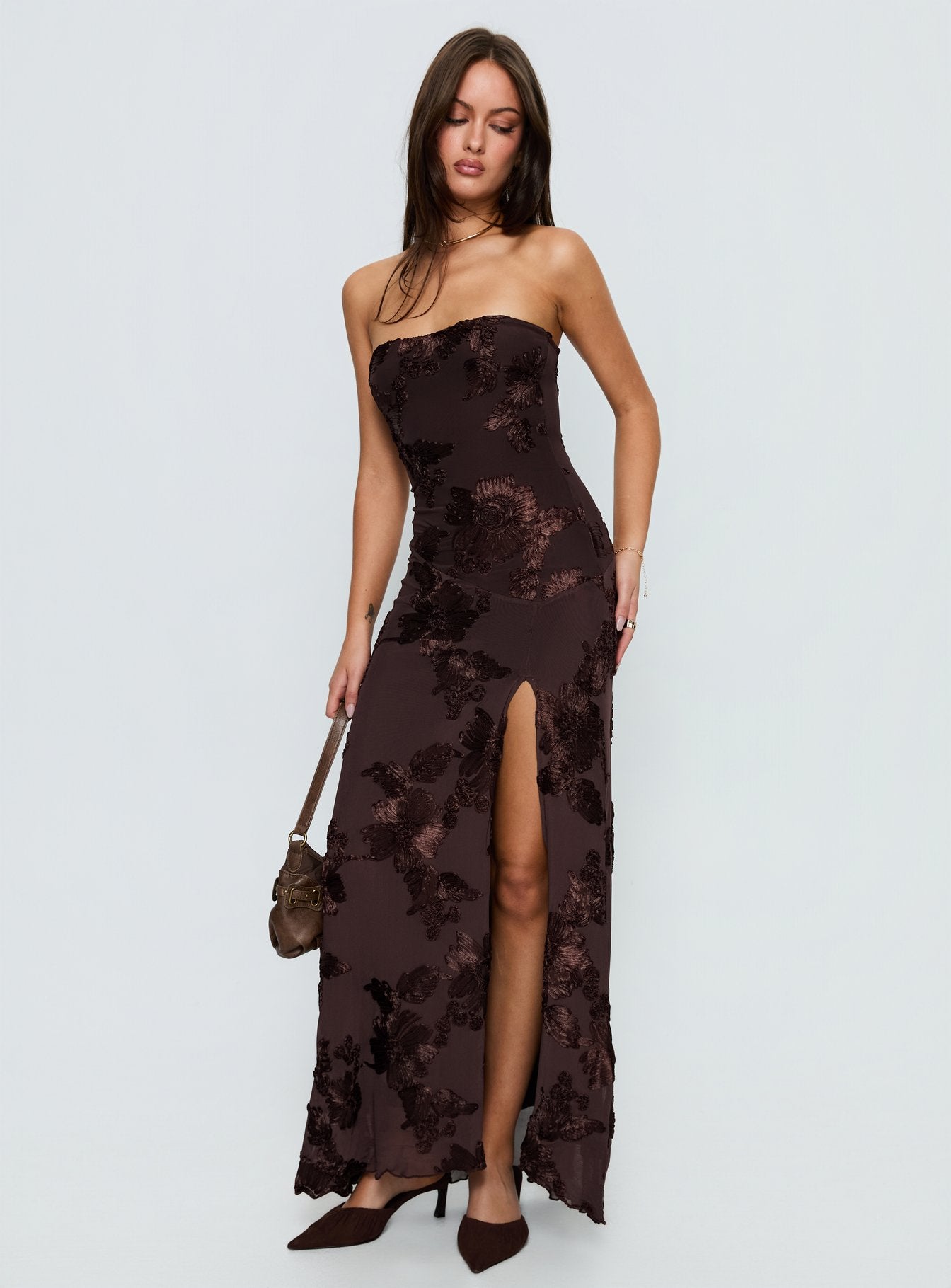 Maribeth Strapless Floral Maxi Dress Chocolate Brown - Image 3
