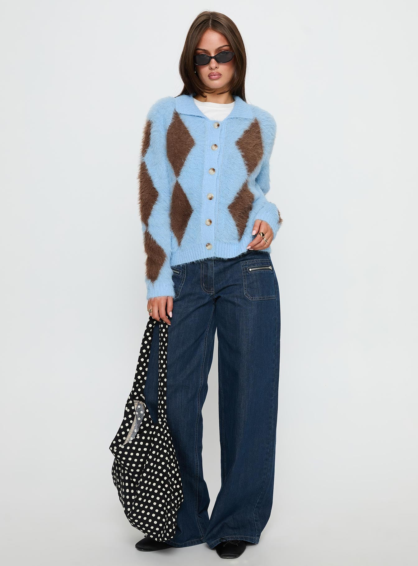 Lynnsey Fluffy Collared Knit Sweater Blue Argyle - Image 3