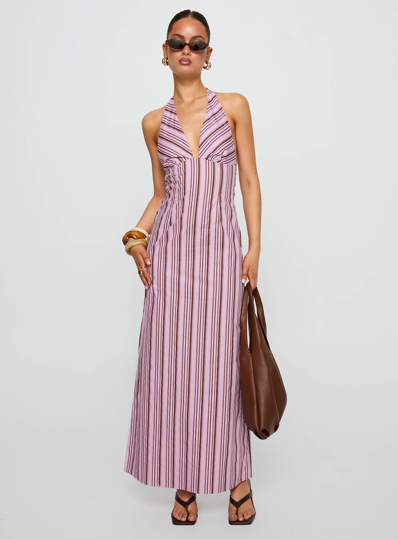 Avrie Halter Maxi Dress Pink / Brown Stripe - Image 3