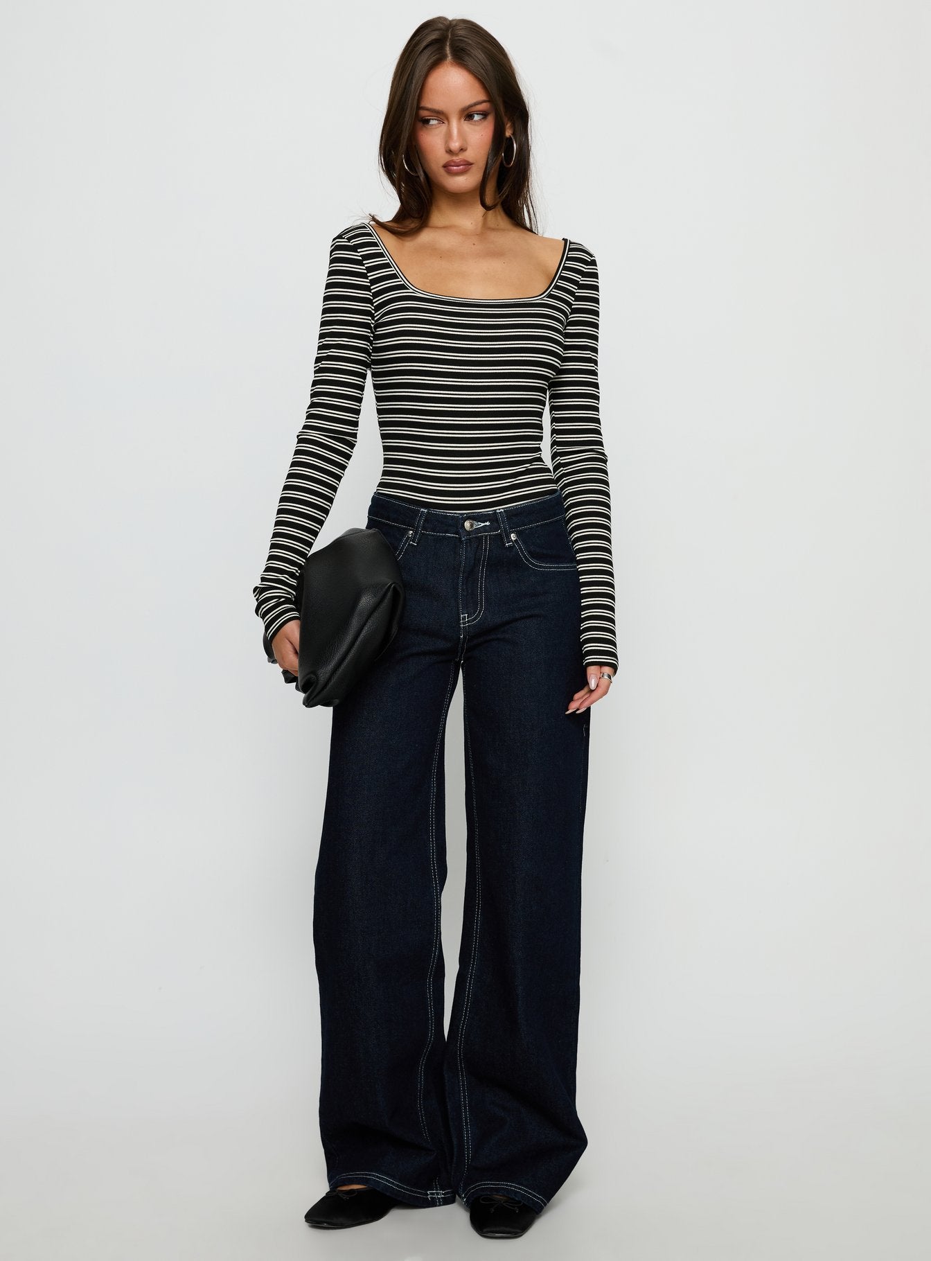 Donica Square Neck Long Sleeve Bodysuit Grey Stripe - Image 2