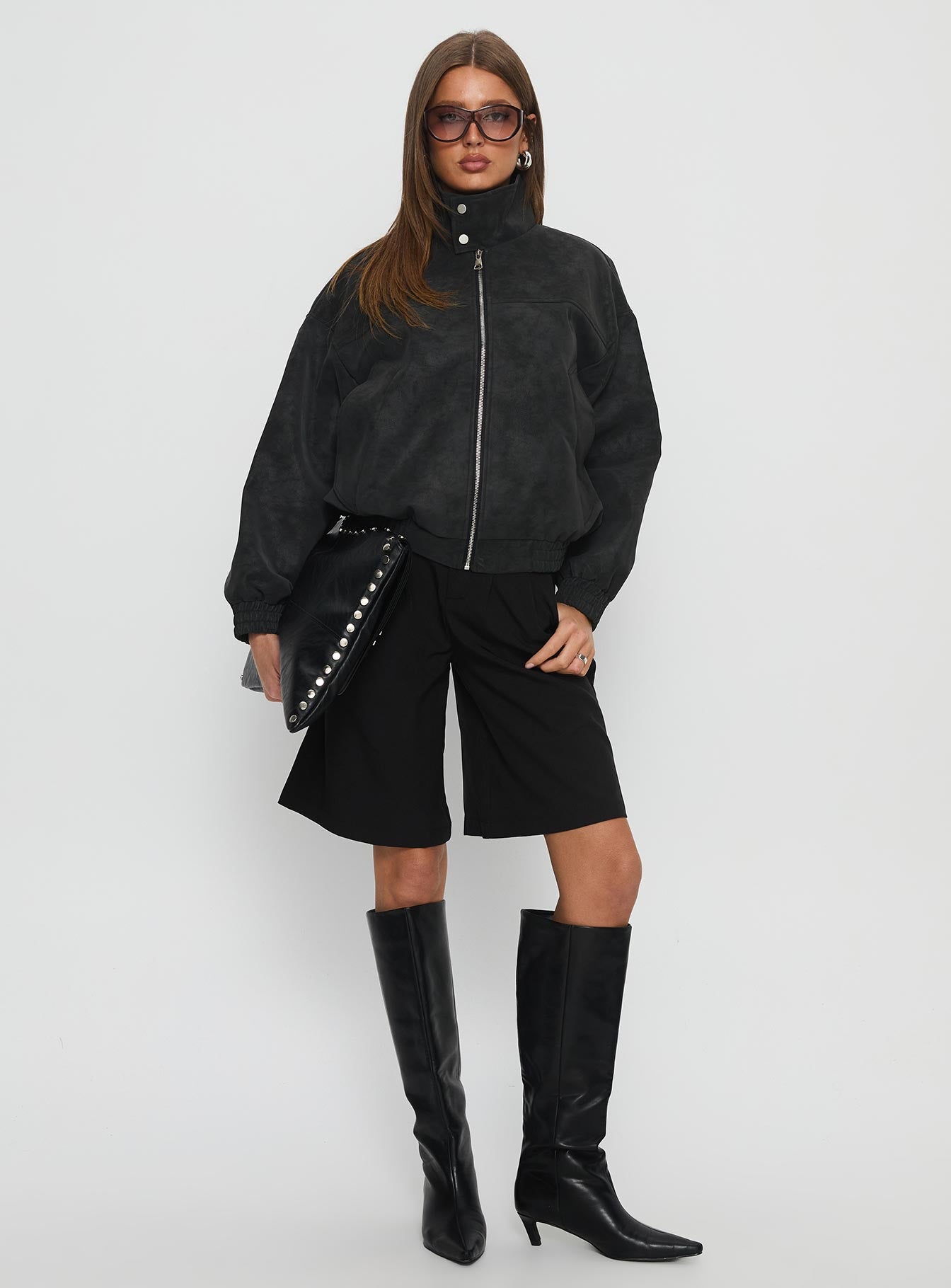 Ellissa Faux Suede Bomber Jacket Black - Image 3