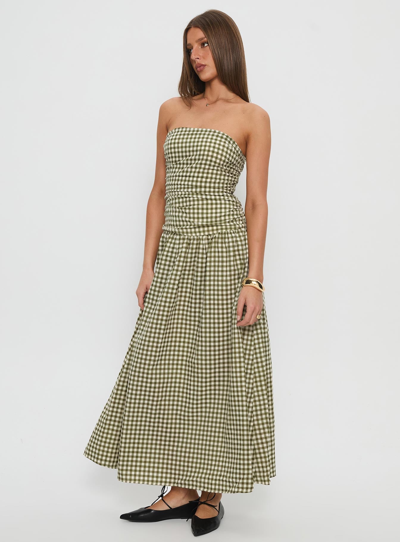 Frankey Strapless Drop Waist Maxi Dress Green Check - Image 3