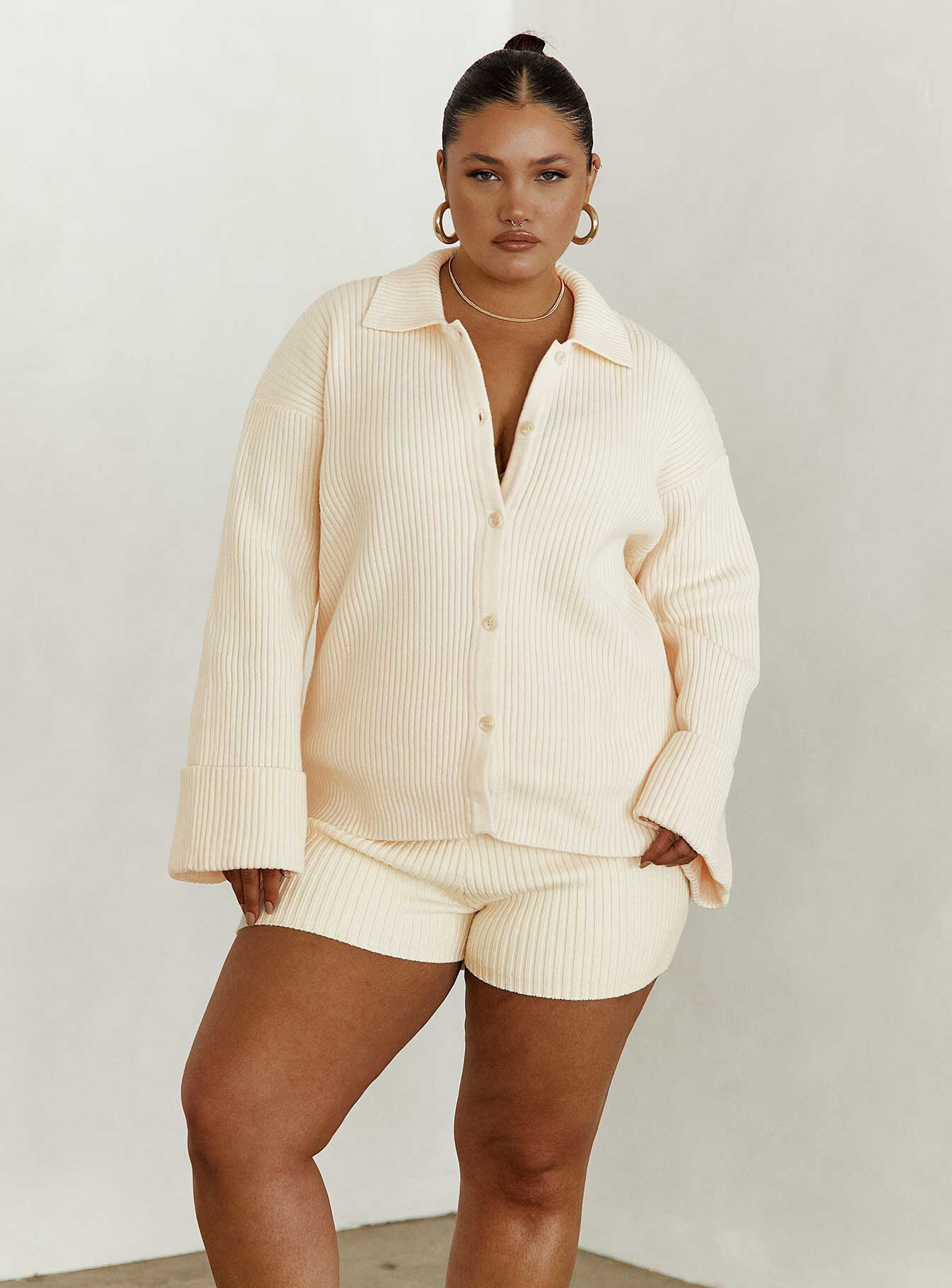 Jhett Long Sleeve Knit Shirt Cream Curve - Image 2
