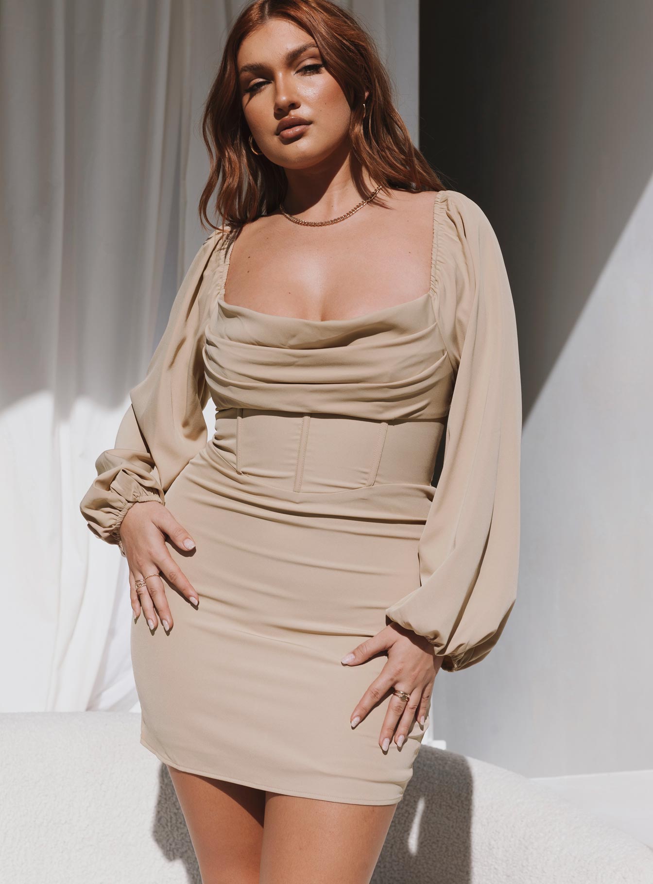 Lillie Long Sleeve Mini Dress Beige - Image 9