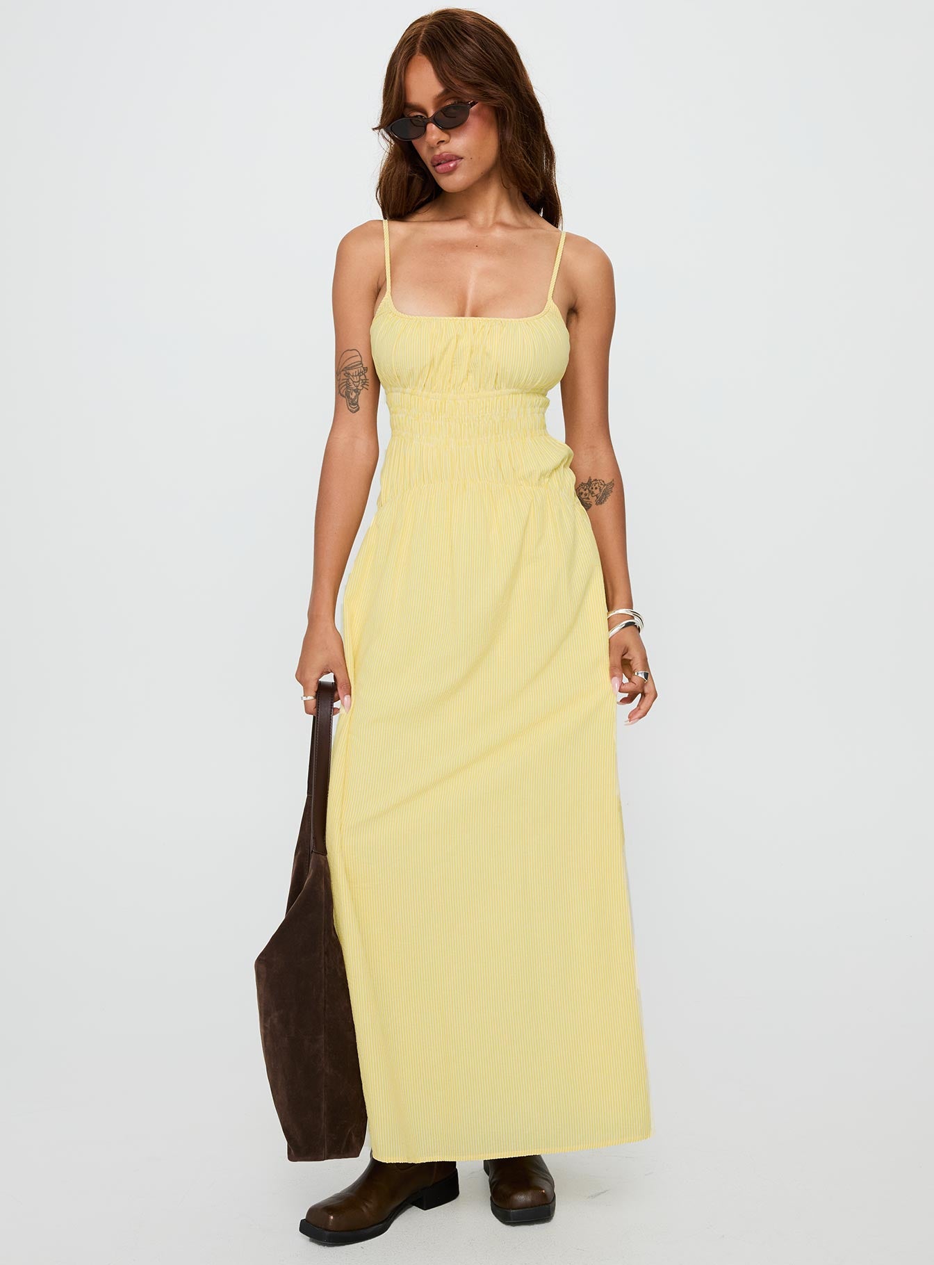 Magnolie Shirred Maxi Dress Yellow Stripe - Image 3