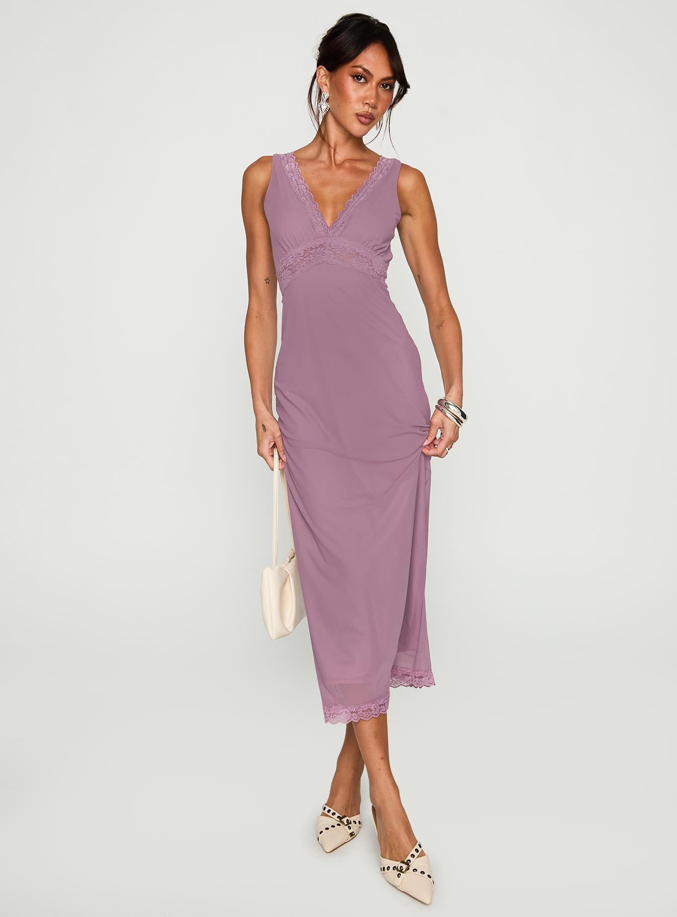 Between The Lines Lace Trim Maxi Dress Purple - Image 2