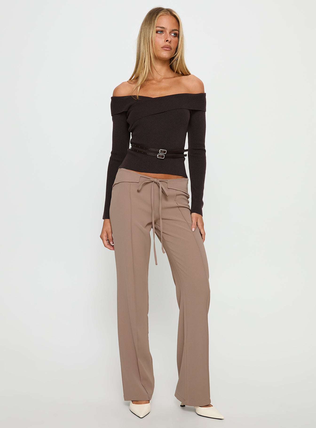 Ellenore Belt Detail Off Shoulder Top Brown - Image 3