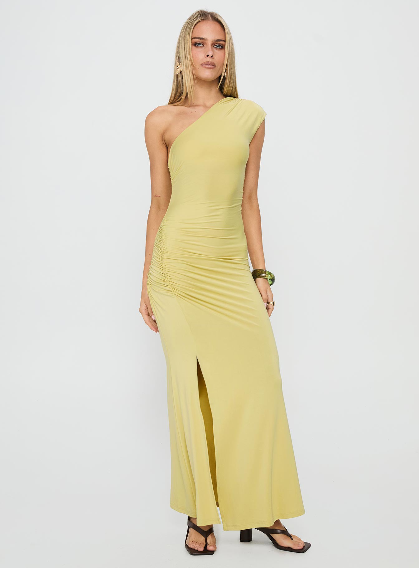 Yvonna Ruched Maxi Dress Citrus - Image 3