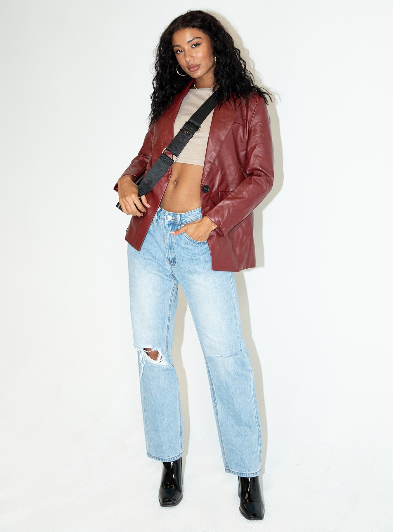 Jocelyn Faux Leather Blazer Burgundy - Image 4