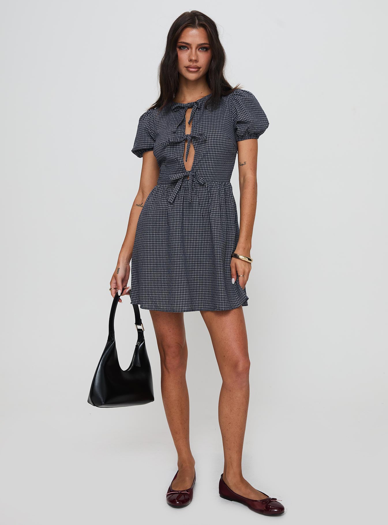 Nurture Bow Mini Dress Navy Check - Image 2