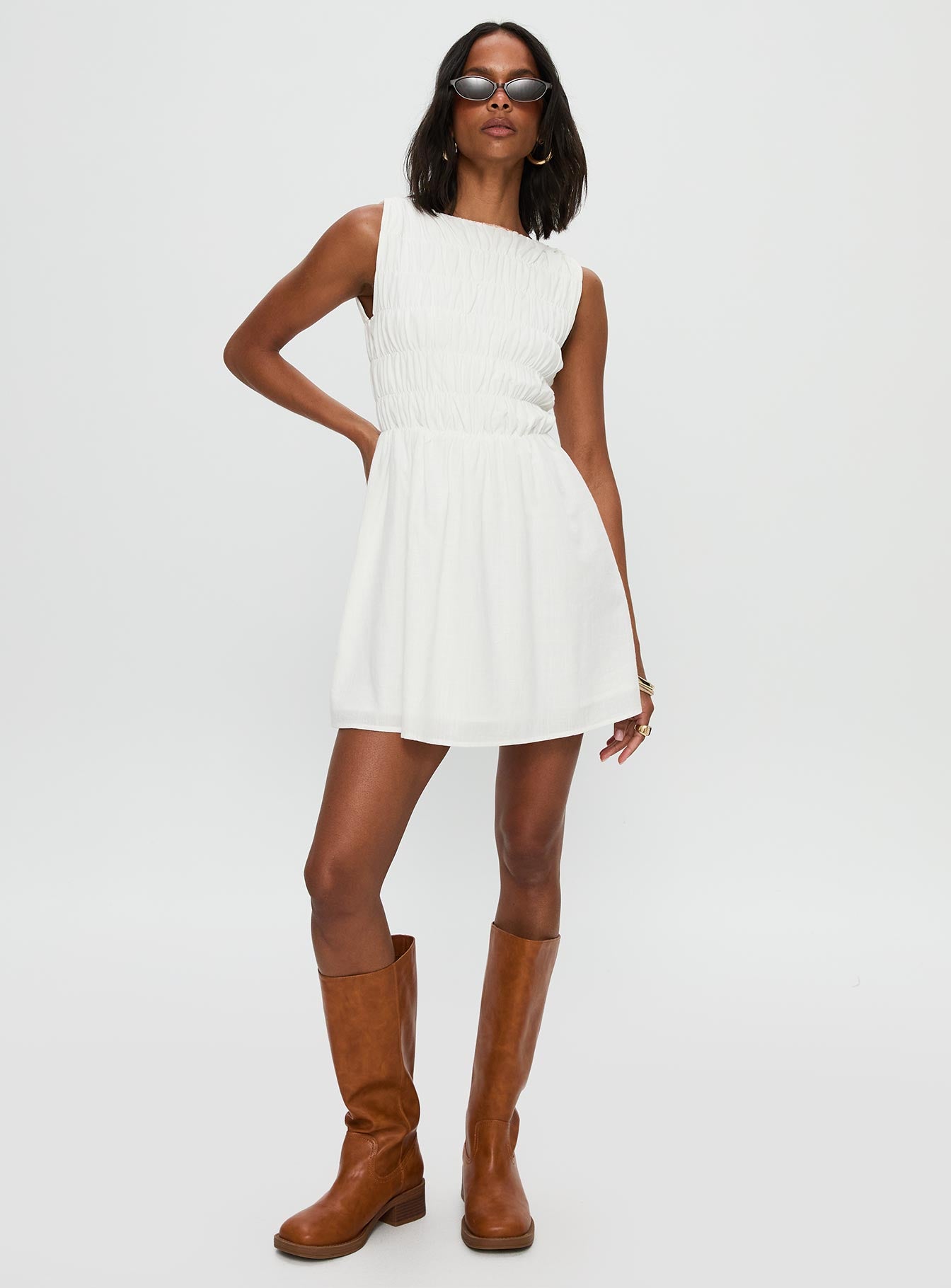 Melona Shirred Mini Dress White - Image 3