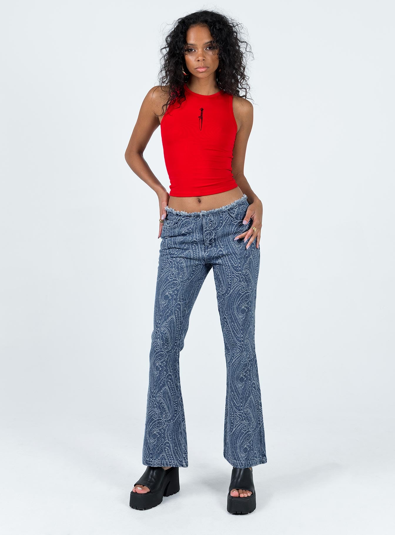 Loweana Low Rise Jacquard Flare Jean Blue Denim - Image 3