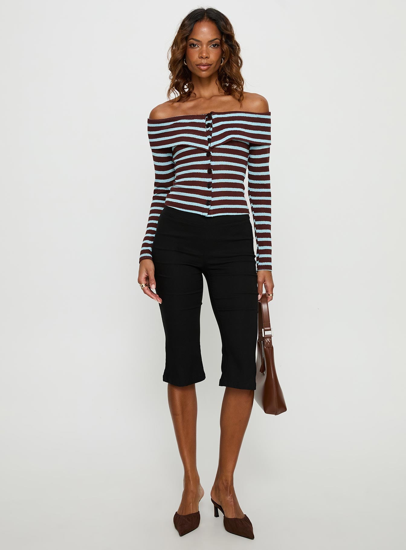 Raelena Off Shoulder Long Sleeve Top Blue / Brown Stripe - Image 2