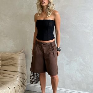 Lorina Tailored Longline Shorts Brown Pinstripe
