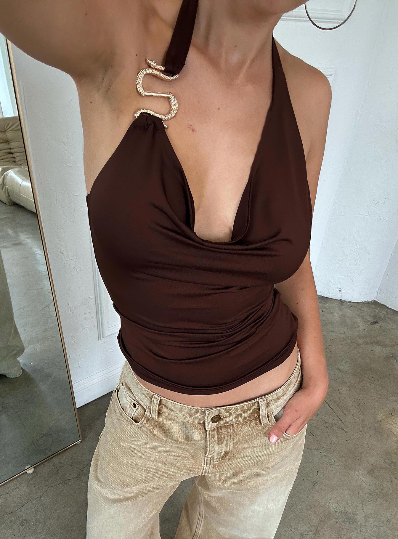 Yazmeen Cowl Neck Hardware Detail Top Chocolate - Image 10