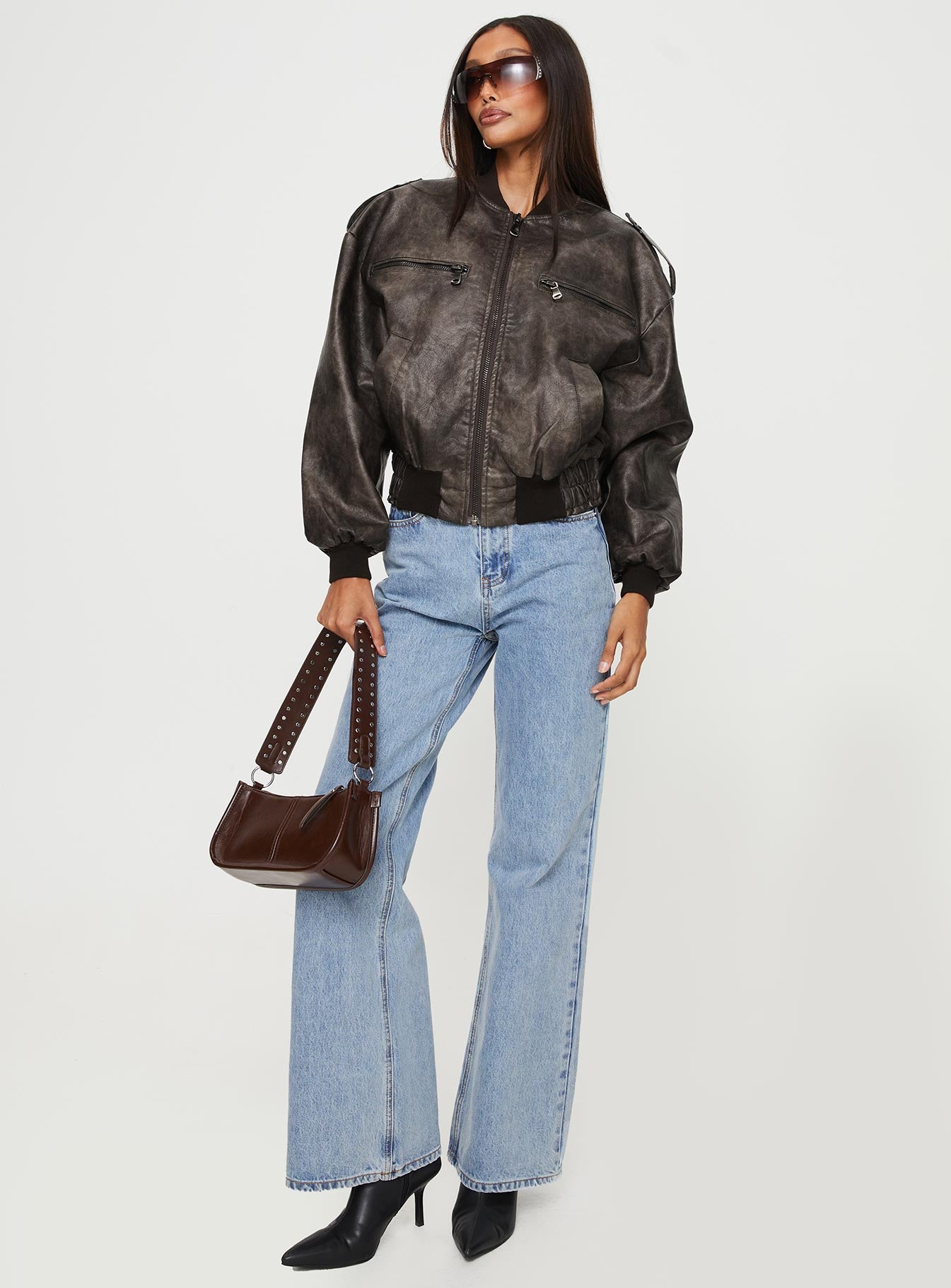 Casey Faux Leather Biker Jacket Chocolate - Image 3