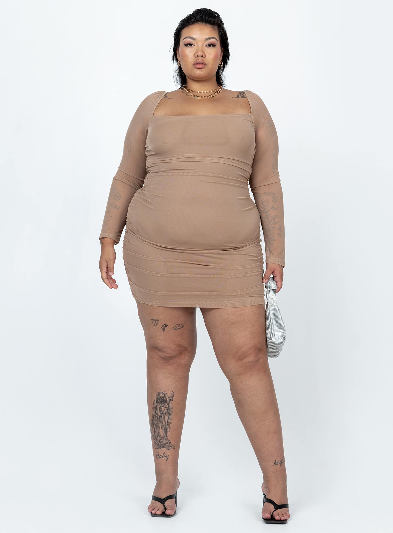 Charvi Long Sleeve Mini Dress Tan Curve - Image 3