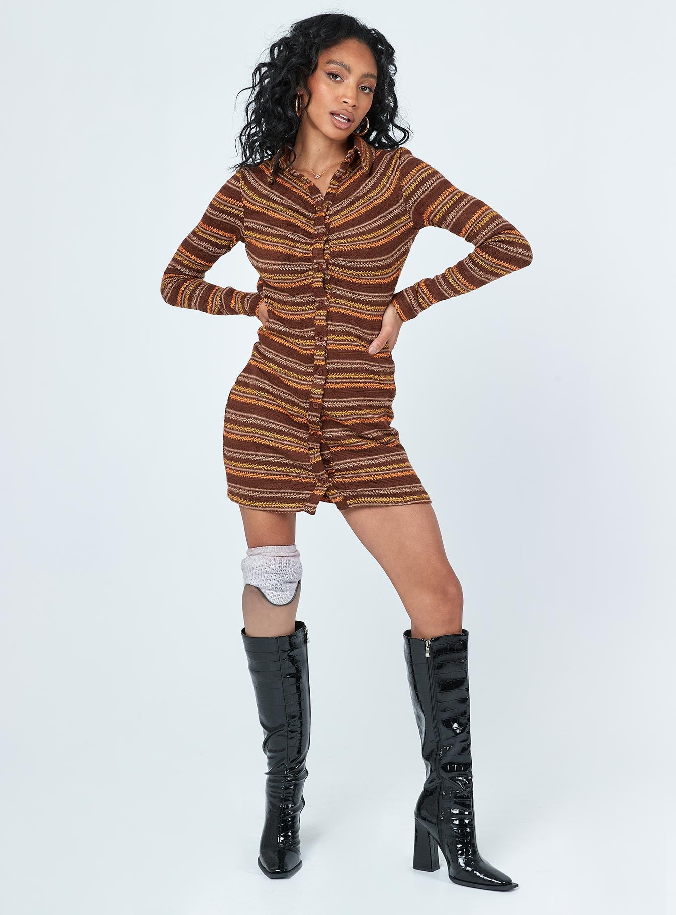 Dalton Long Sleeve Mini Dress Brown Multi - Image 3