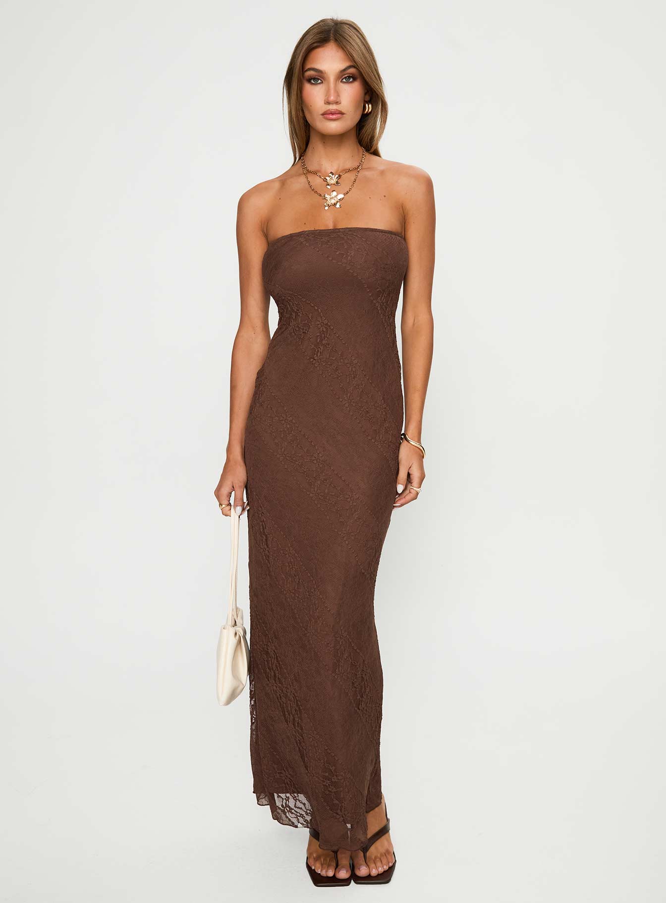 Majorca Strapless Lace Maxi Dress Chocolate - Image 2