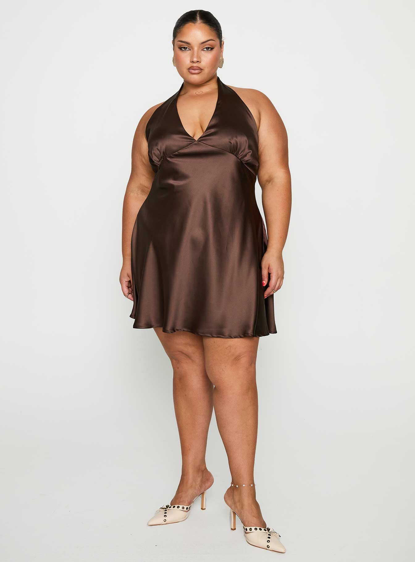 Pelagia Halter Scarf Tie Mini Dress Brown Curve - Image 2