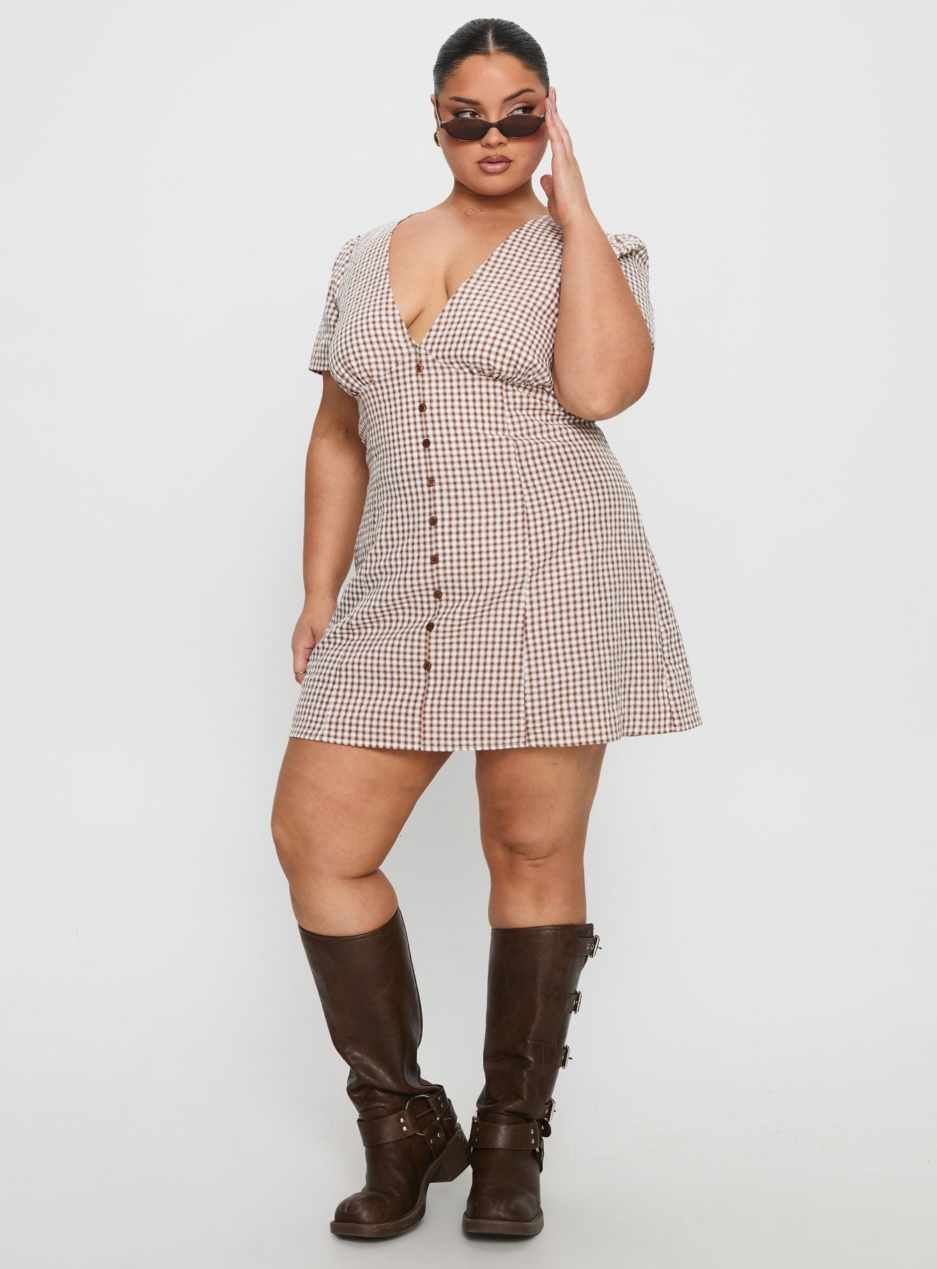 Loveliness Playsuit Brown Check Curve - Image 3