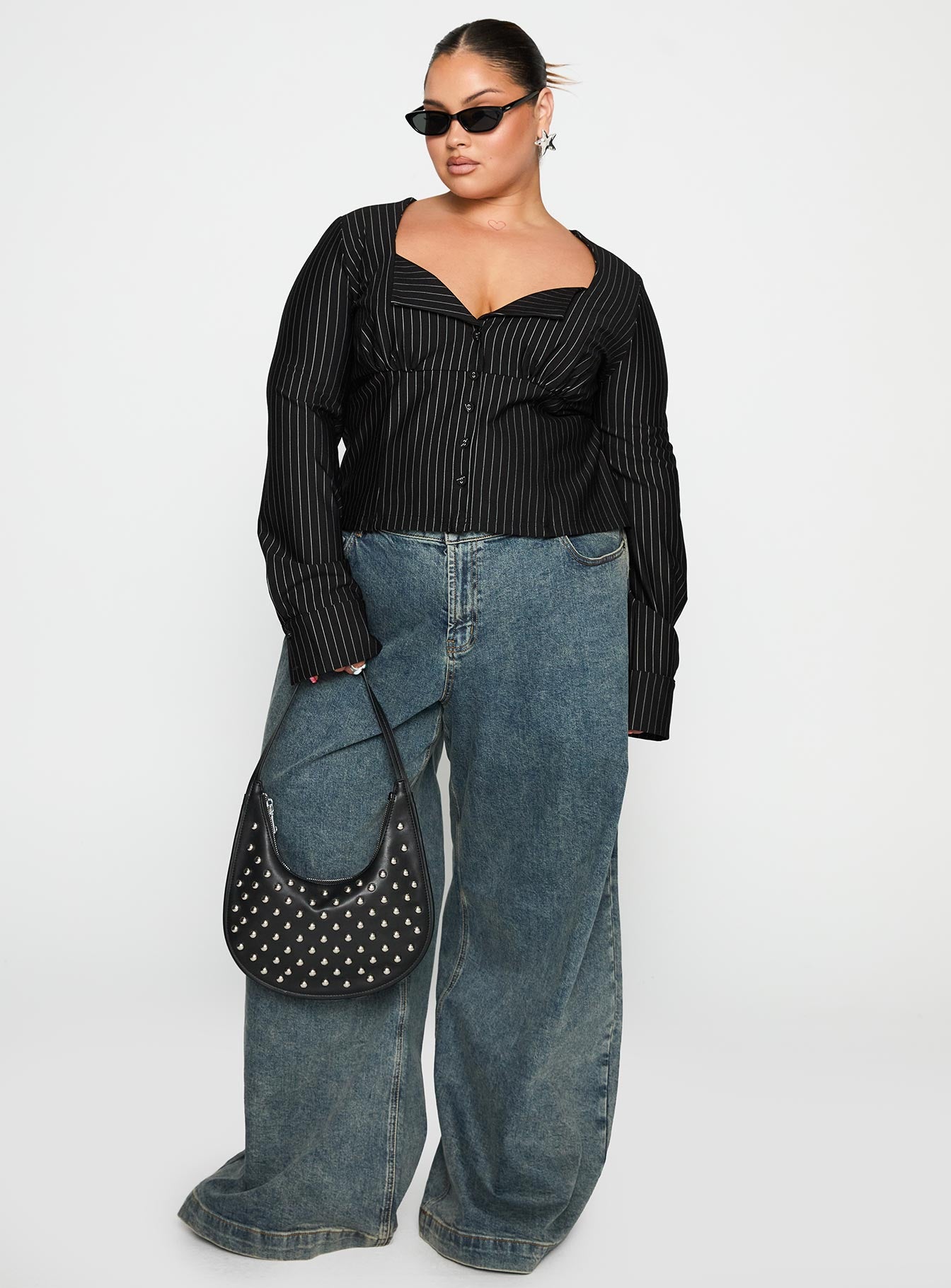 Set For Life Foldover Detail Long Sleeve Top Black / White Pinstripe Curve - Image 3